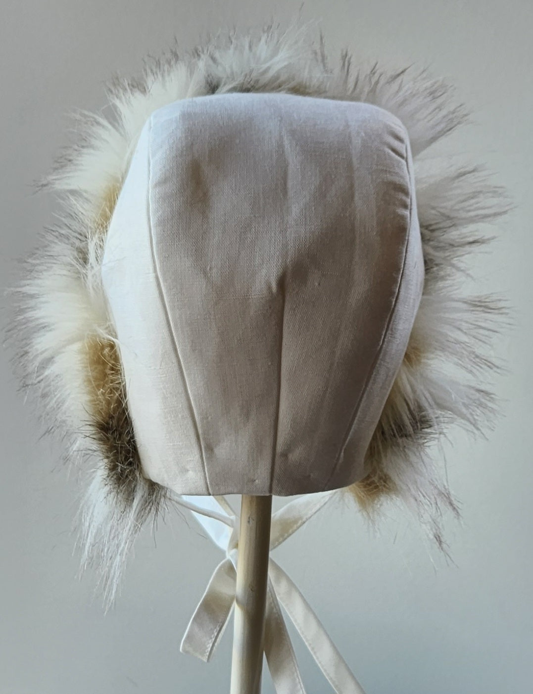 Exclusive Ivory Linen Bonnet, Cap Style with rabbit fur trim