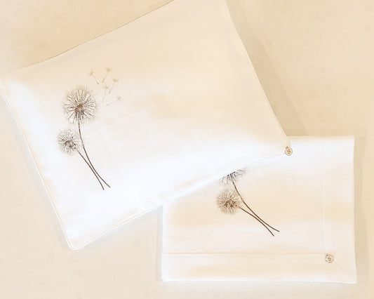 Exclusive Baby Wrap & Pillowcase Set, White Linen with embroidered dandelions