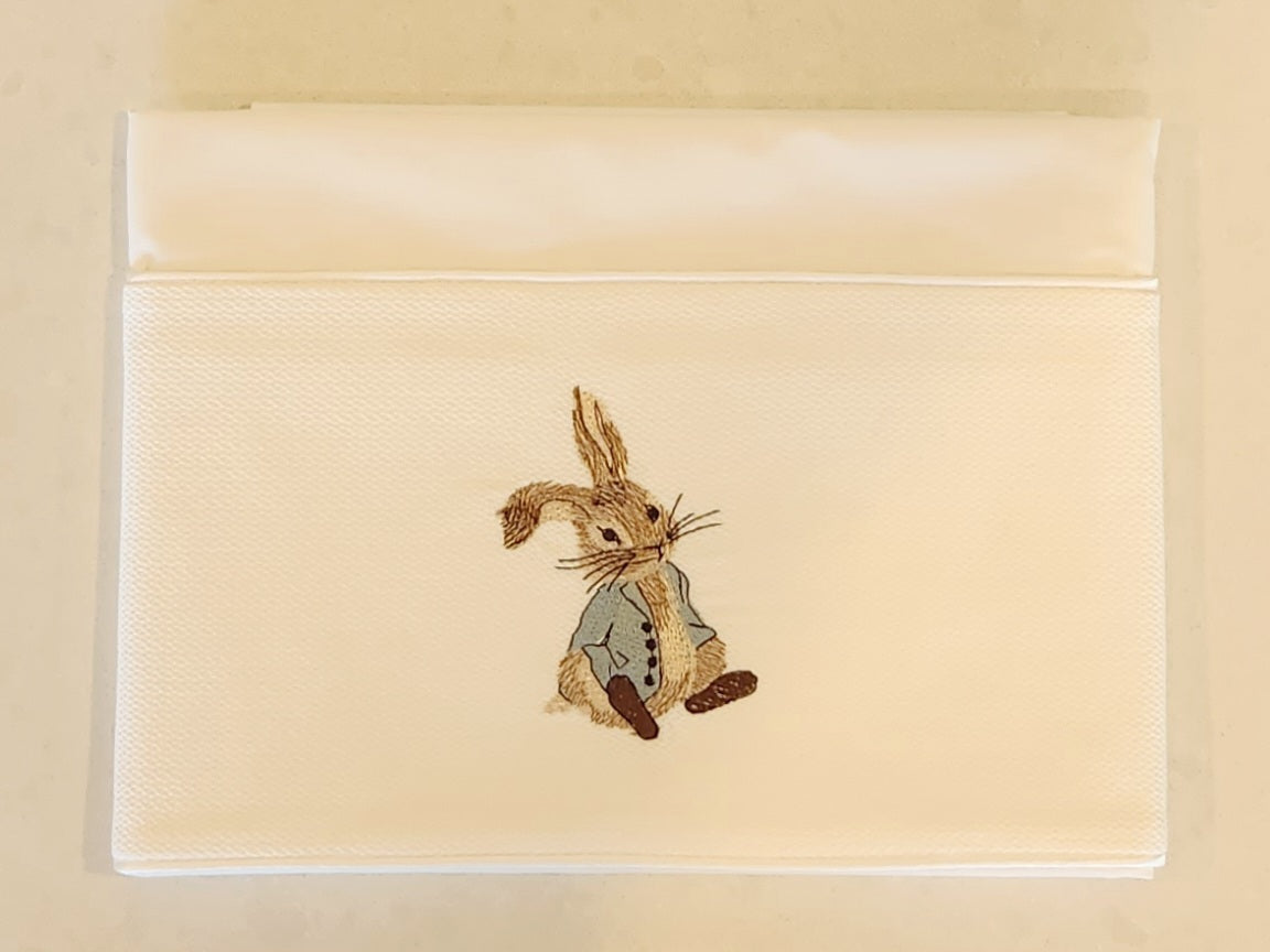 'Solemn Peter' 2pc Bassinet Sheet Set, embroidered Peter Rabbit on Ivory Sheets
