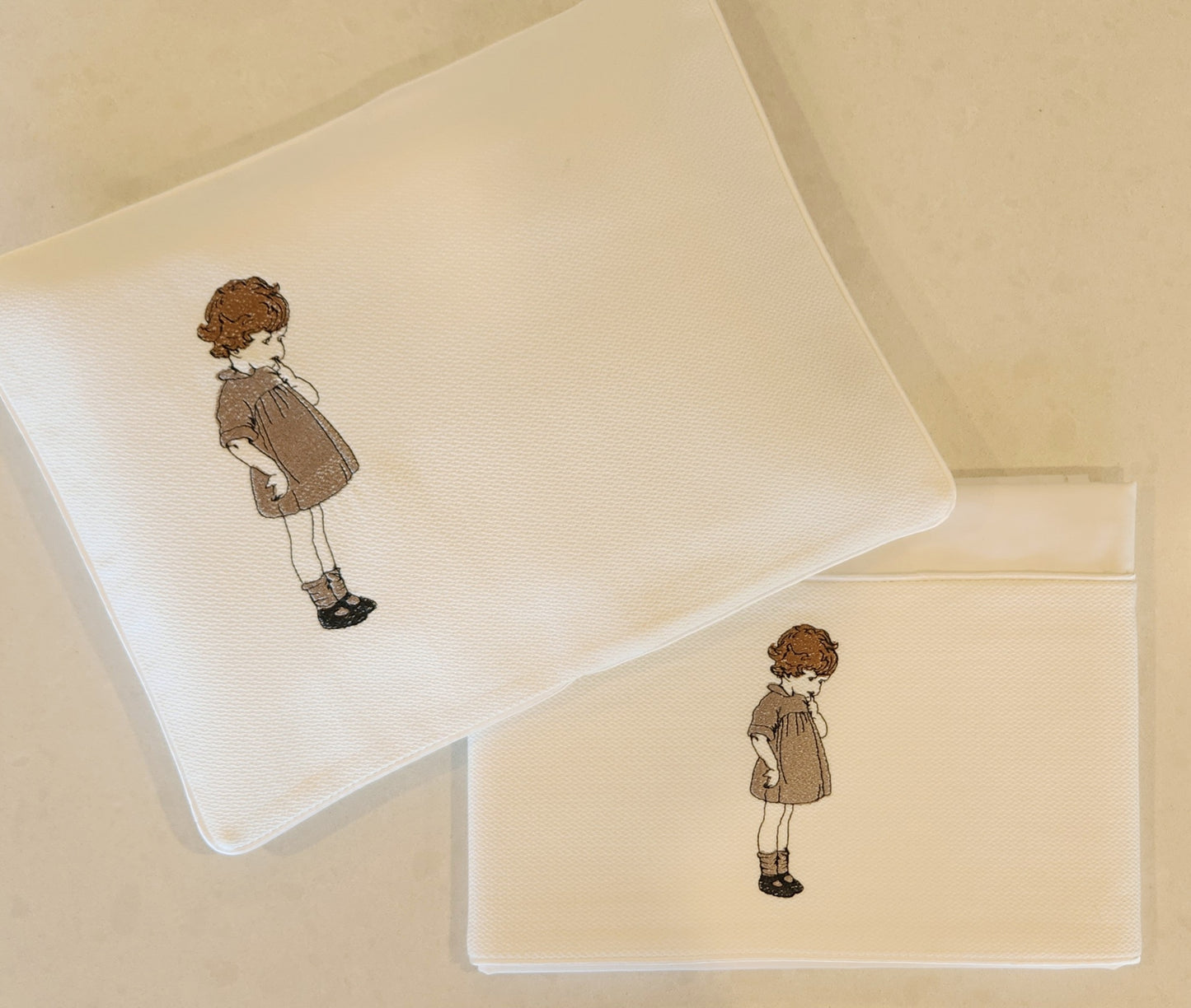 'Just Thinking..." 2pc Bassinet Sheet Set, Embroidered on Ivory Jacquard