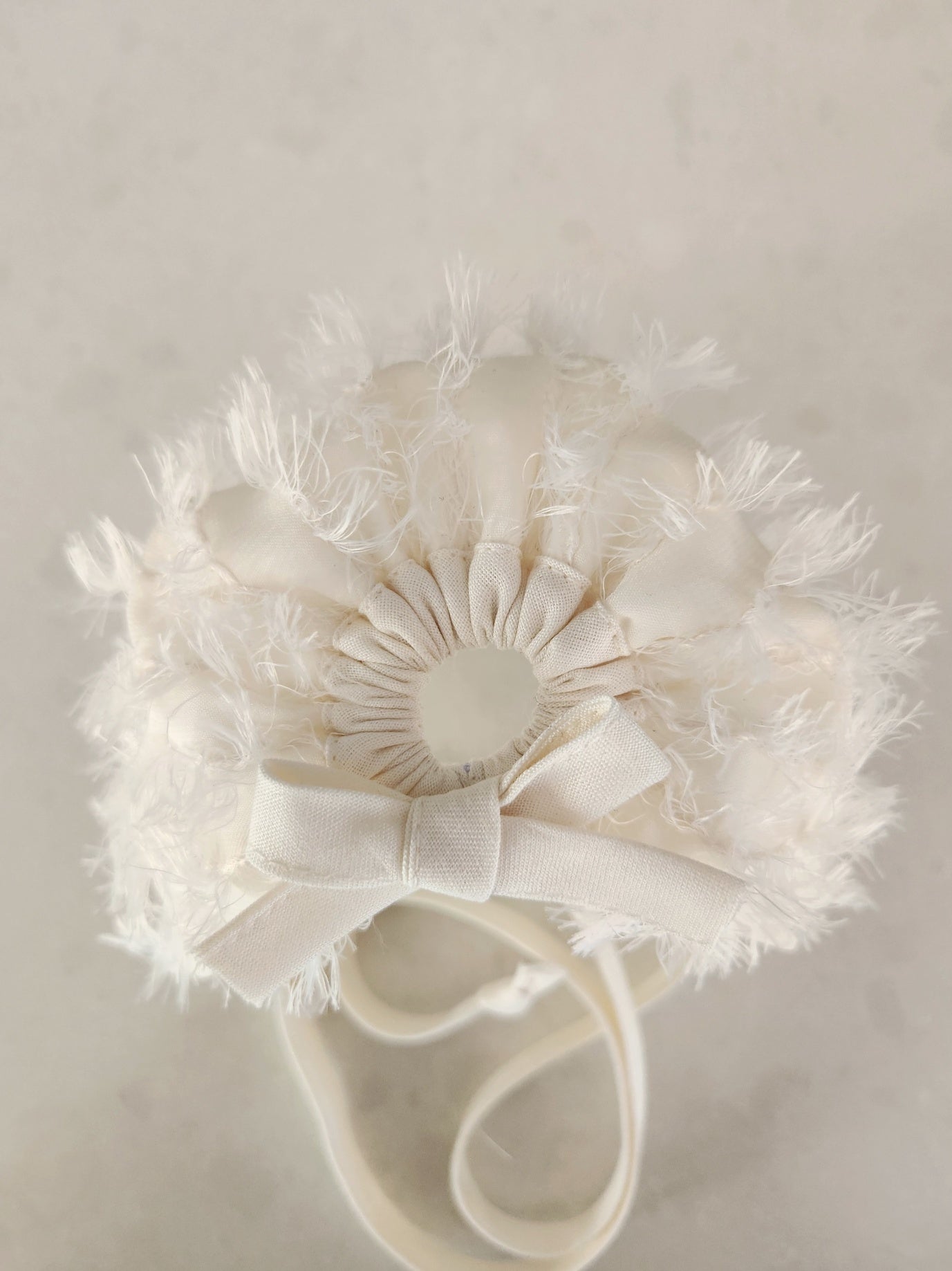 Exclusive Cream bonnet, tufted cream chiffon, drawstring