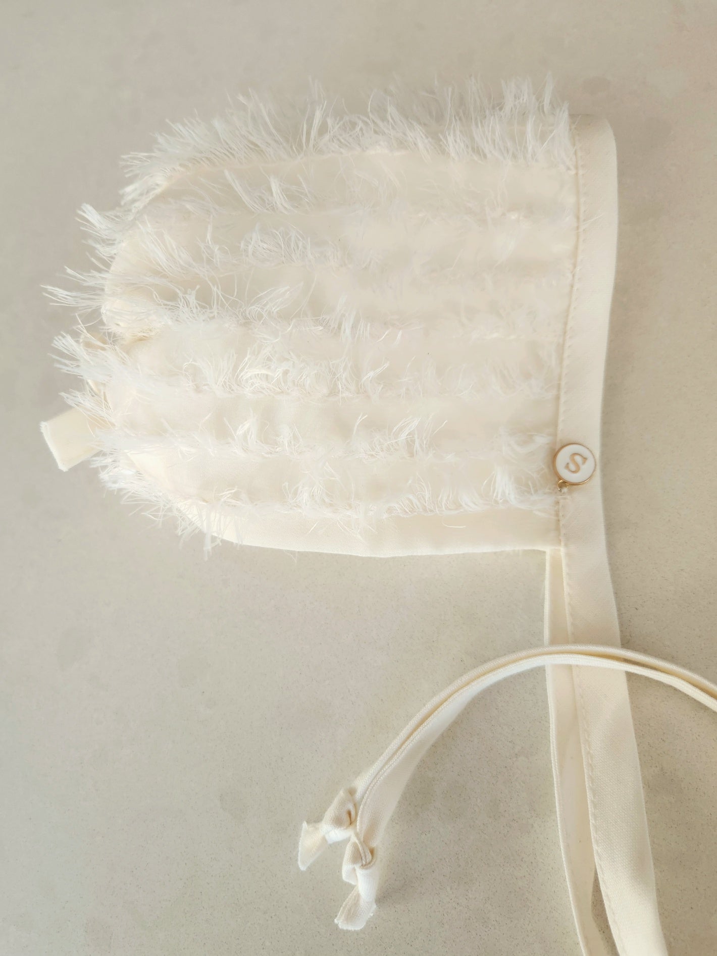 Exclusive Cream bonnet, tufted cream chiffon, drawstring