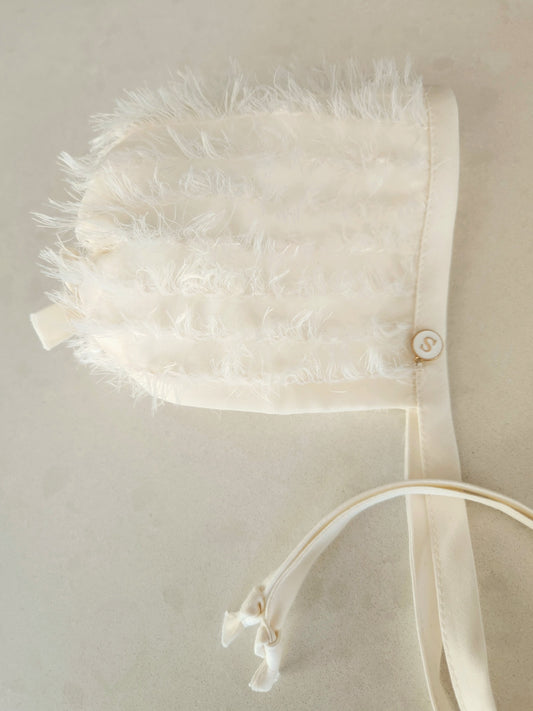 Exclusive Cream bonnet, tufted cream chiffon, drawstring
