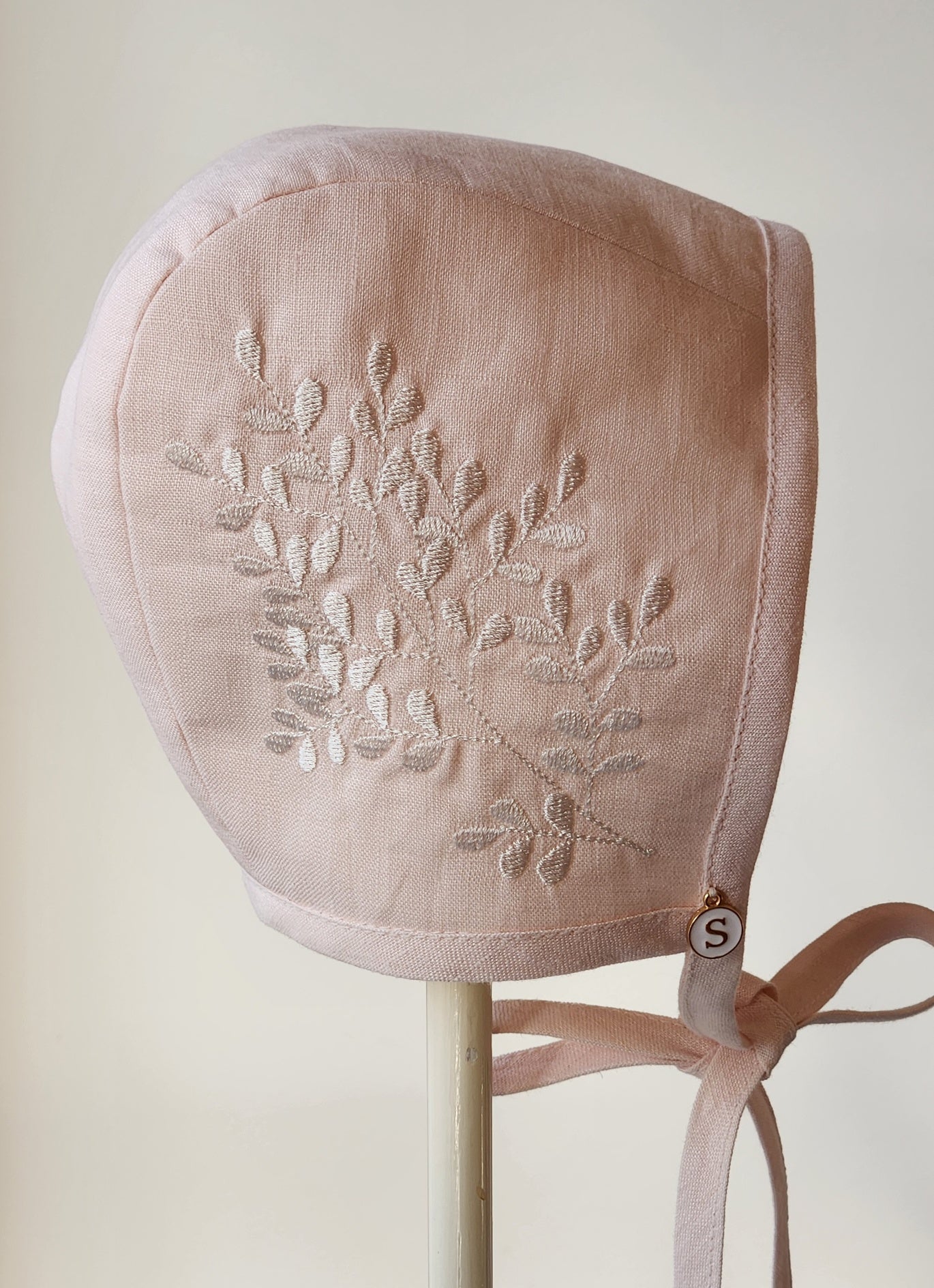 Exclusive Linen Bonnet, Palest Pink Linen Cap Style Bonnet with Ivory embroidered branch