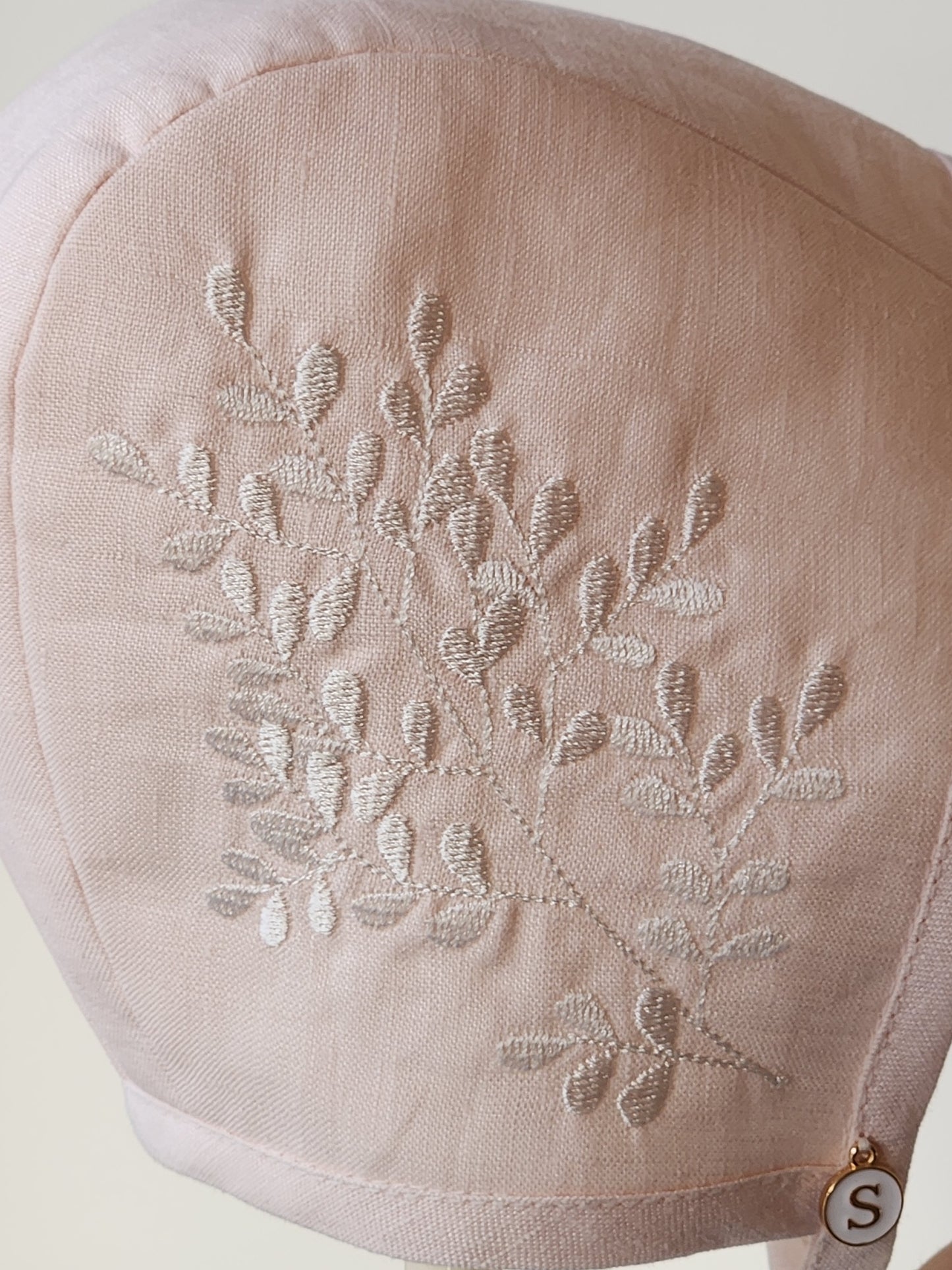 Exclusive Linen Bonnet, Palest Pink Linen Cap Style Bonnet with Ivory embroidered branch