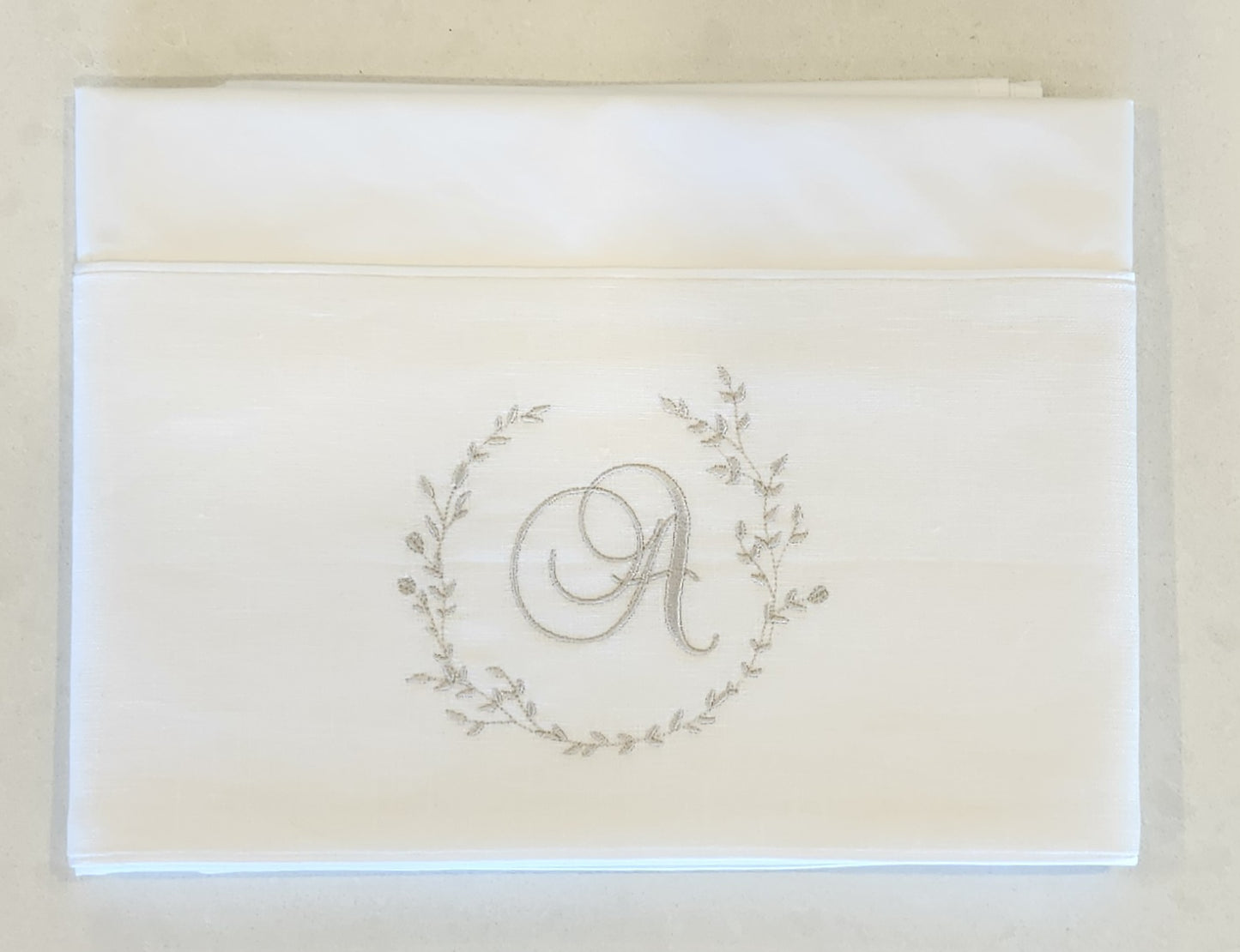 'Simply Elegant' 2pc Bassinet/Pram Sheet Set, White Linen with embroidered floral monogram