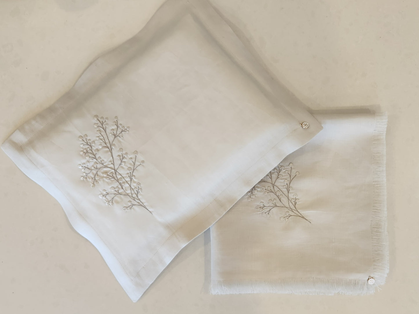 Exclusive Baby Wrap & Pillowcase Set, Palest Grey Linen with embroidered floral spray