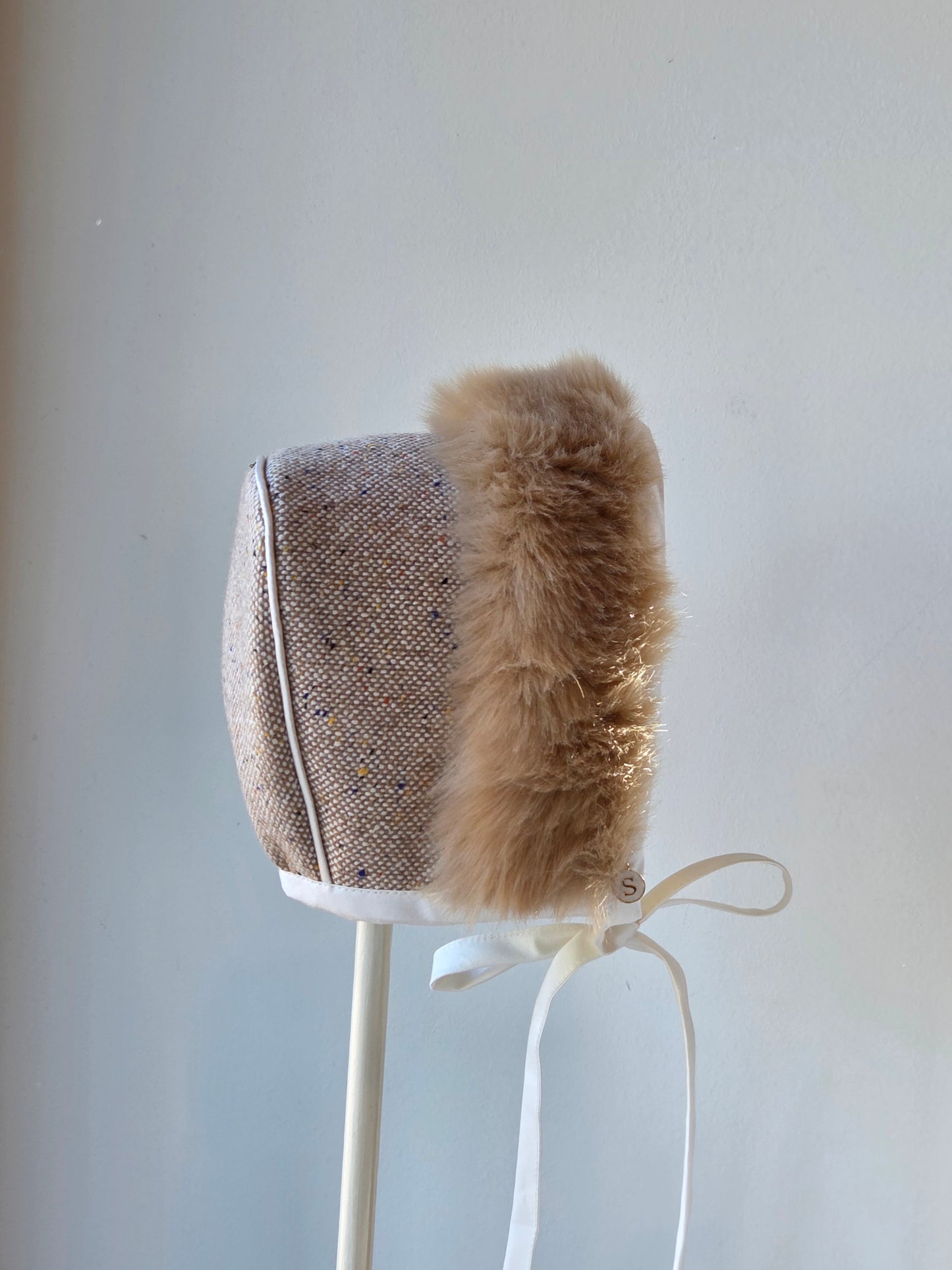 Exclusive Taupe Tweed Bonnet, Taupe Fur Brim
