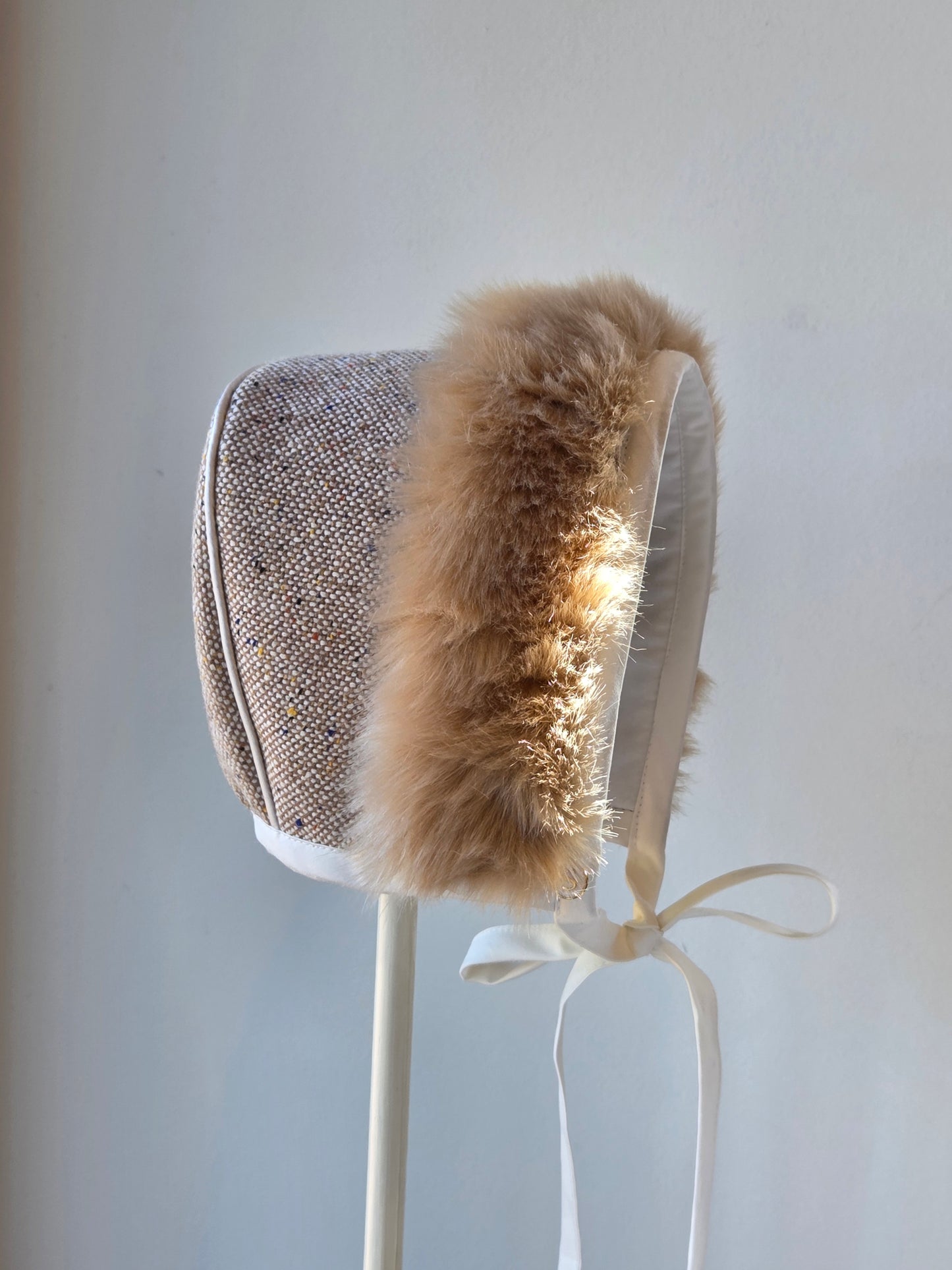 Exclusive Taupe Tweed Bonnet, Taupe Fur Brim