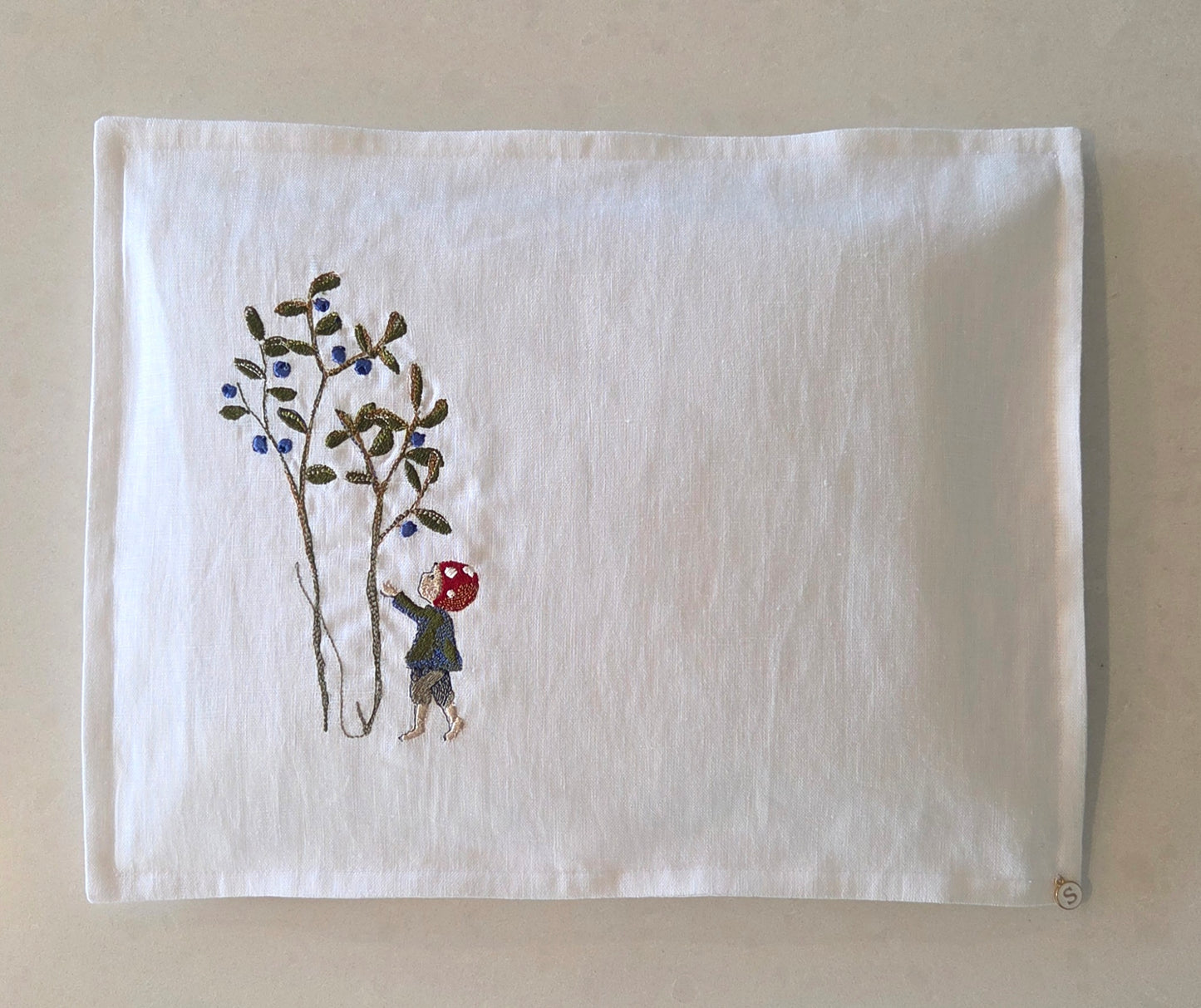 'Blueberry Jack' Embroidered Linen Pillowcase, White