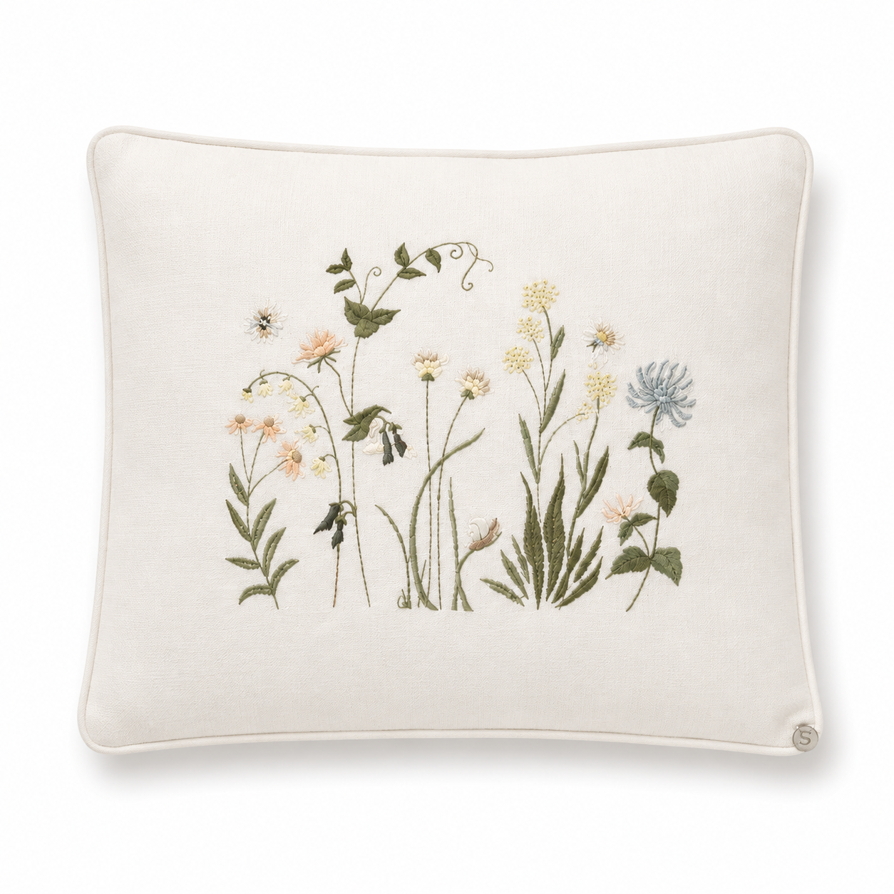 'My Cottage Garden' Embroidered Pillowcase, Soft Pink, Blue & Lemon on White Pique Fabric