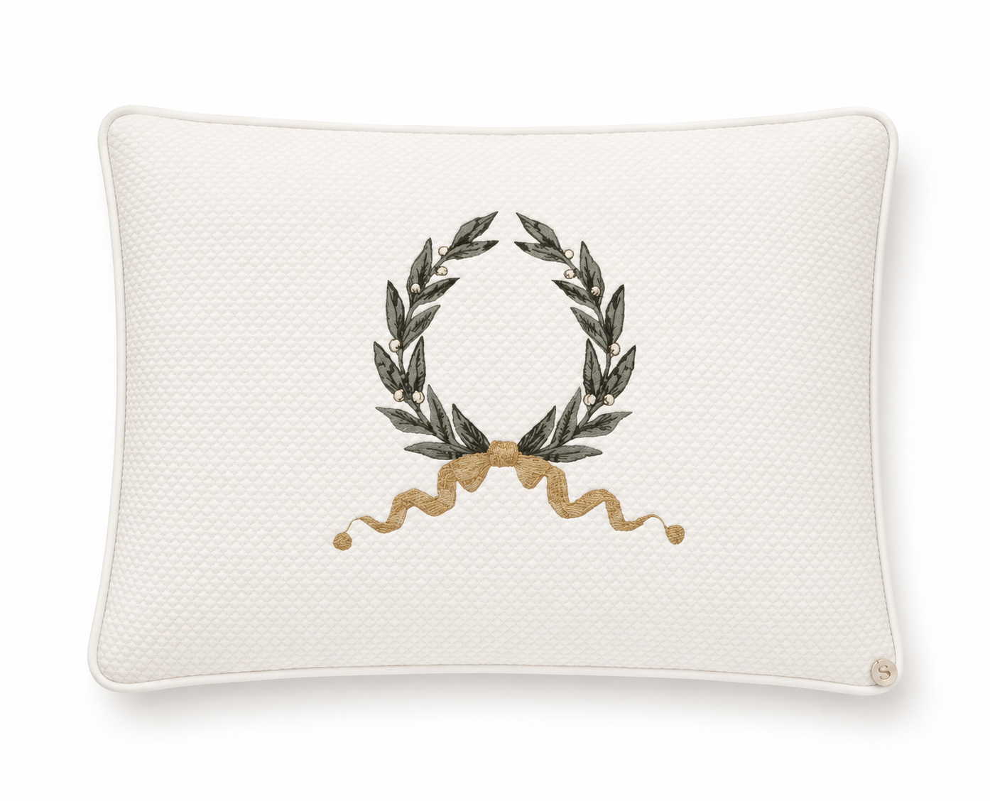 'Vintage Wreath' Embroidered Pillowcase, Charcoal Grey & Gold embroidered on White Jacquard