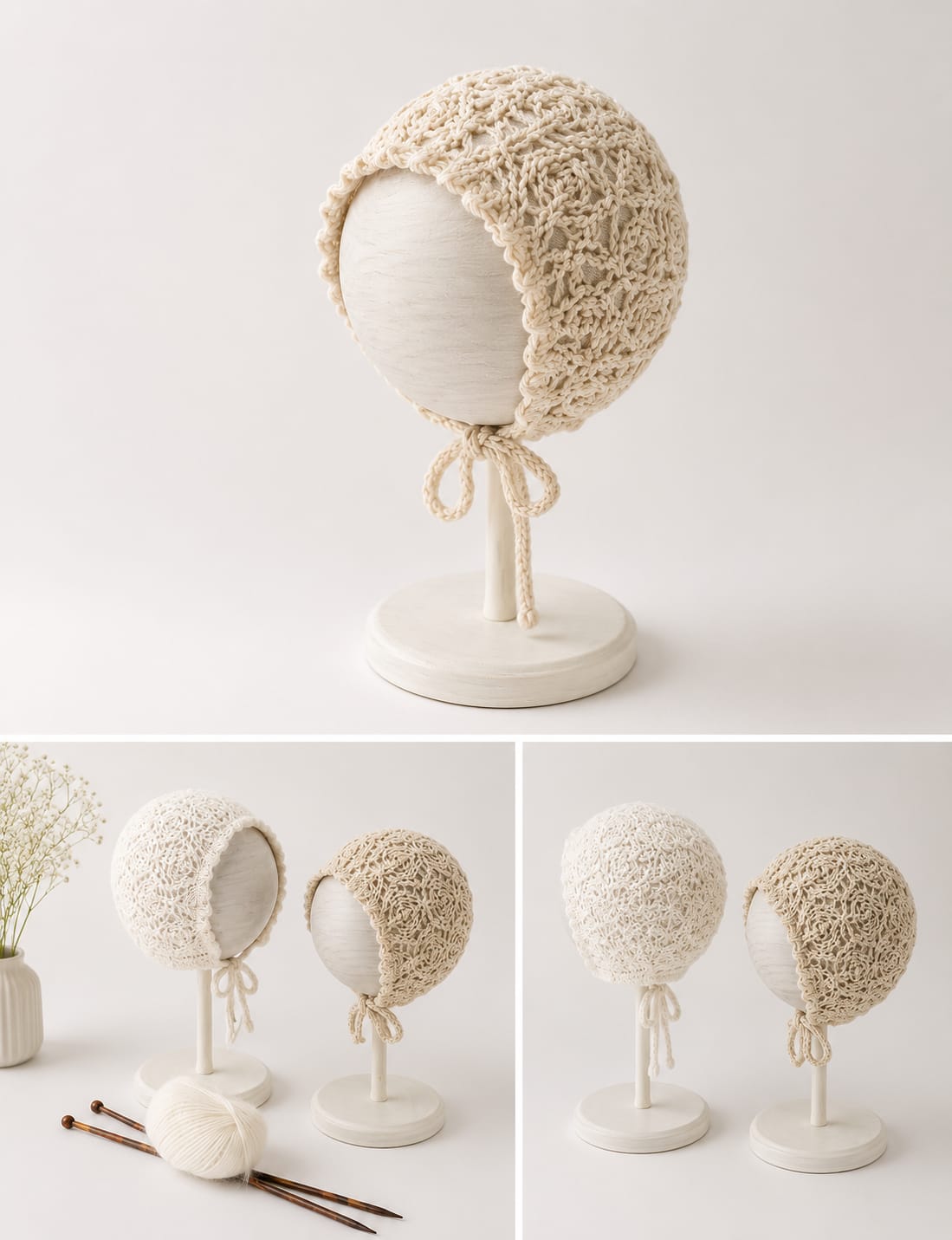 Hand Knitted Baby Bonnet, Cream Cotton