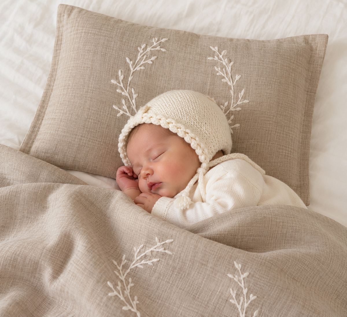 Exclusive Baby Wrap & Pillowcase Set, Ivory Embroidered Wreath on Dark Natural Linen