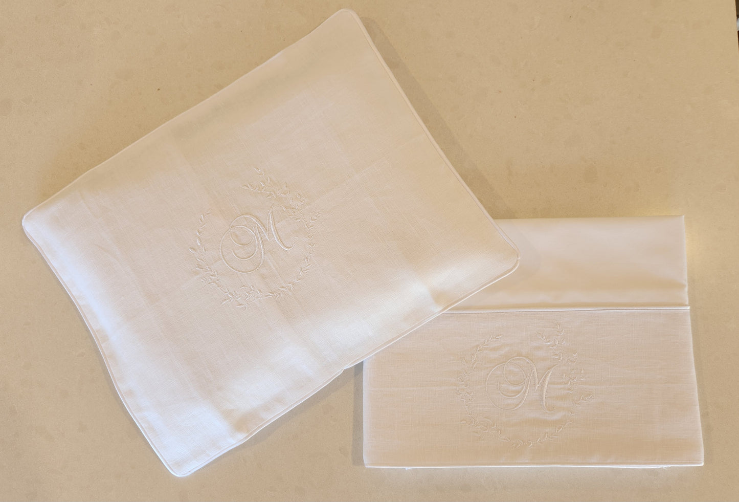 'Simply Elegant' 2pc Bassinet/Pram Sheet Set, White Linen with embroidered floral monogram