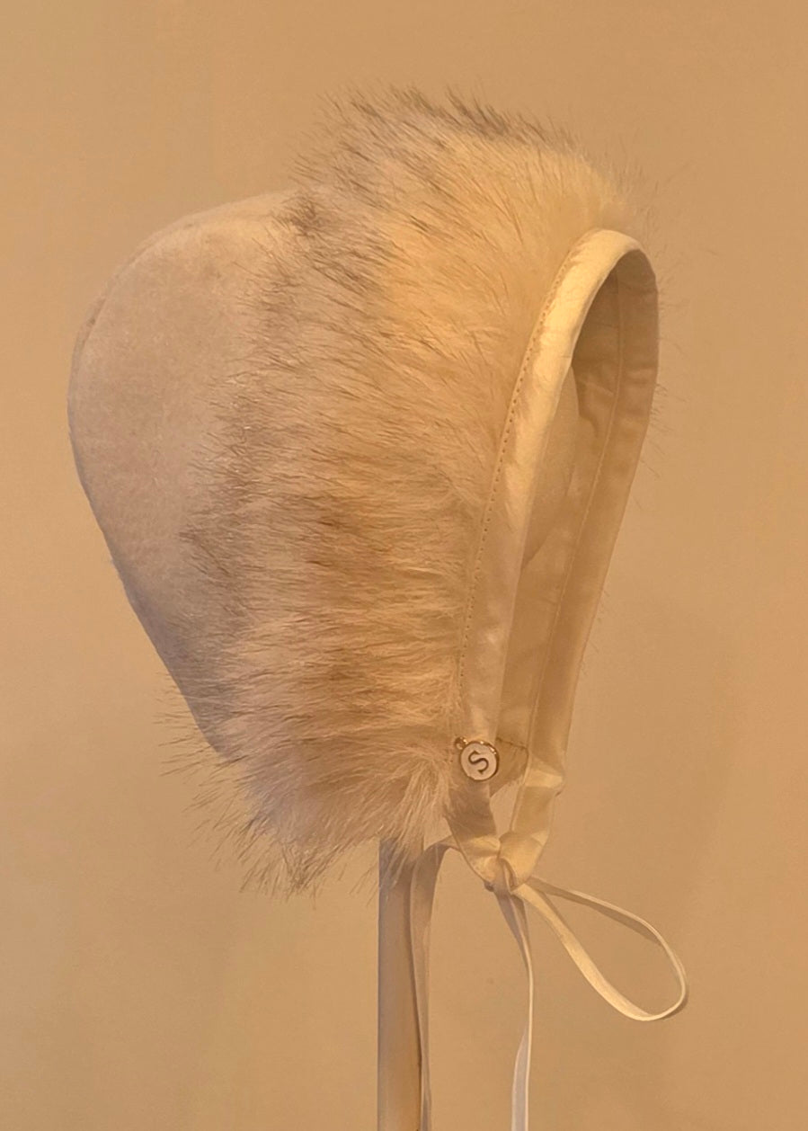Exclusive Wool Cashmere Bonnet, Cap Style with Speckled Snow Fur Brim, Musk