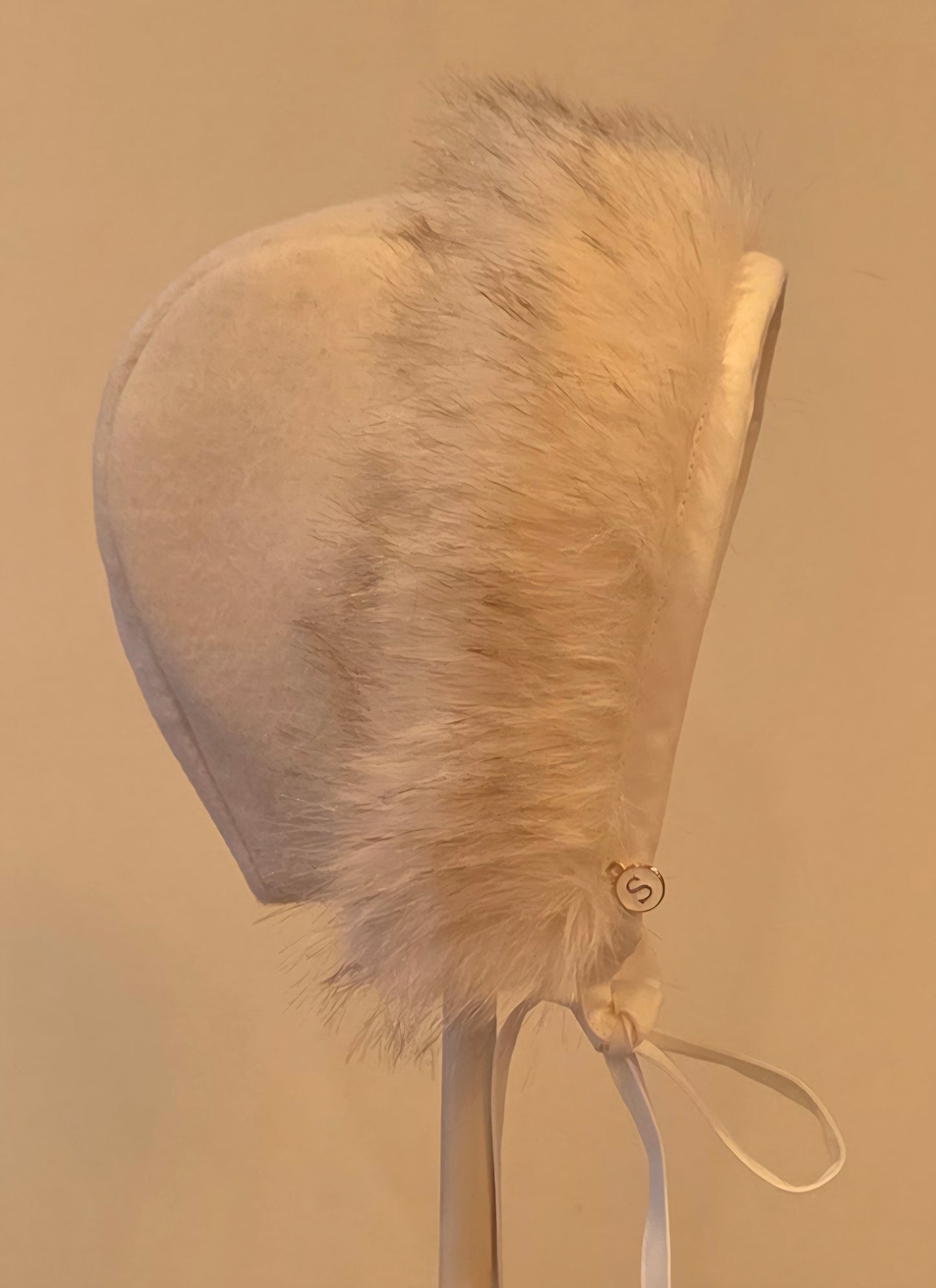 Exclusive Wool Cashmere Bonnet, Cap Style with Speckled Snow Fur Brim, Musk