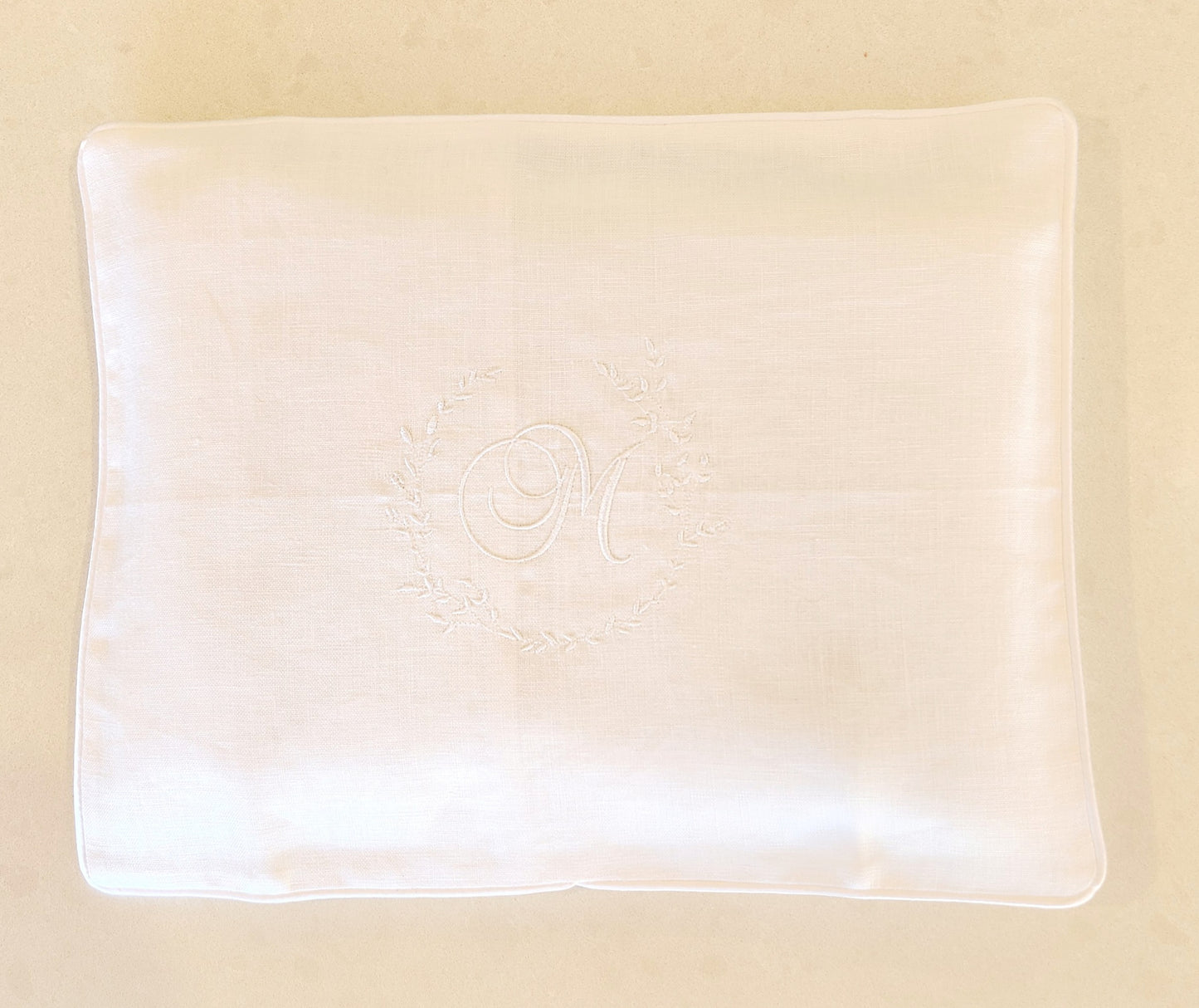 'Simply Elegant' 2pc Bassinet/Pram Sheet Set, White Linen with embroidered floral monogram