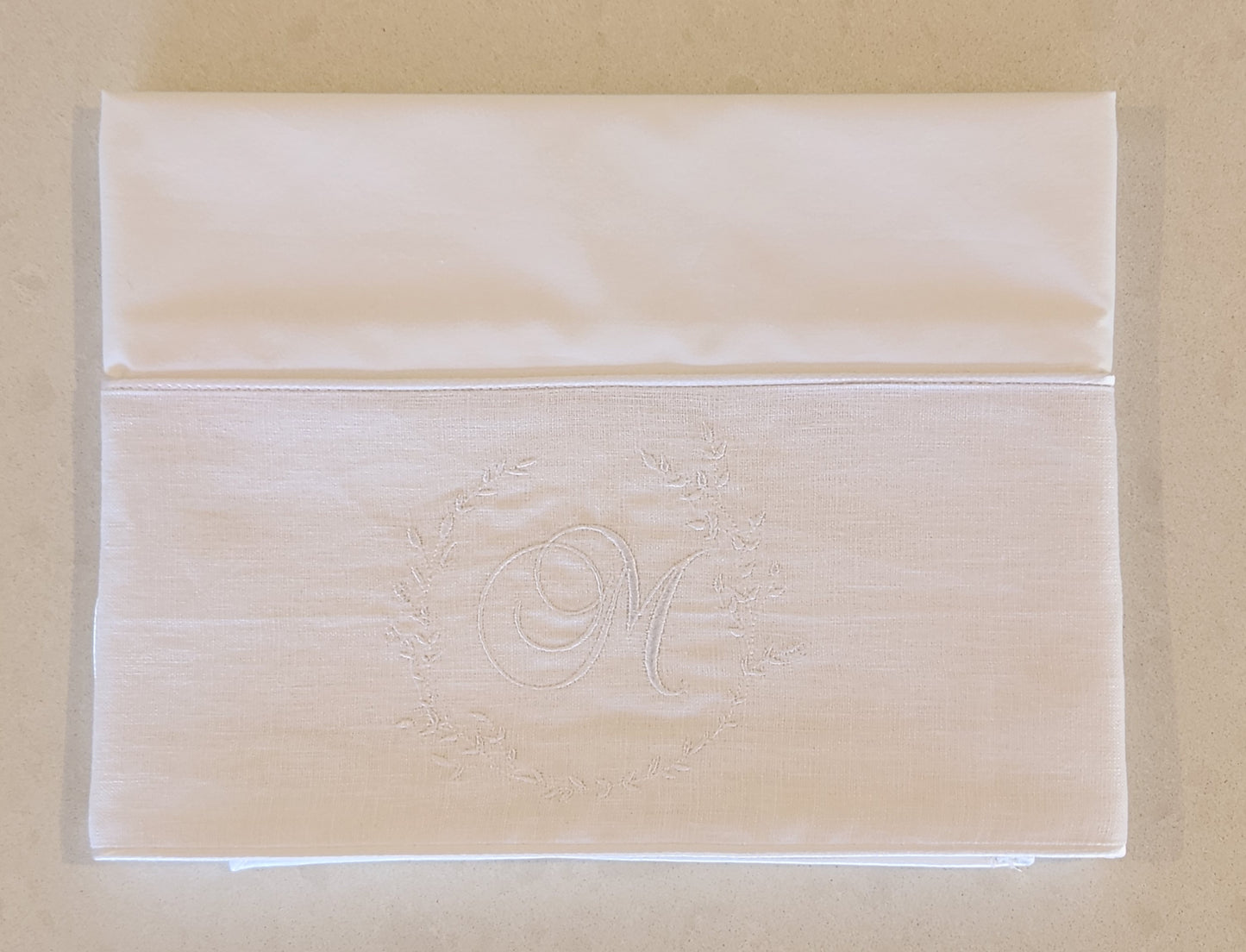 'Simply Elegant' 2pc Bassinet/Pram Sheet Set, White Linen with embroidered floral monogram