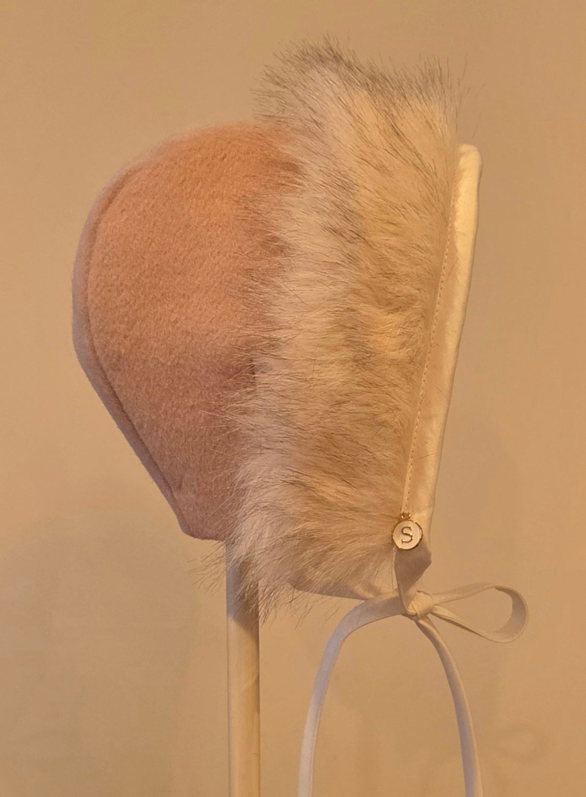Exclusive Wool Cashmere Bonnet, Cap Style with Speckled Snow Fur Brim, Musk