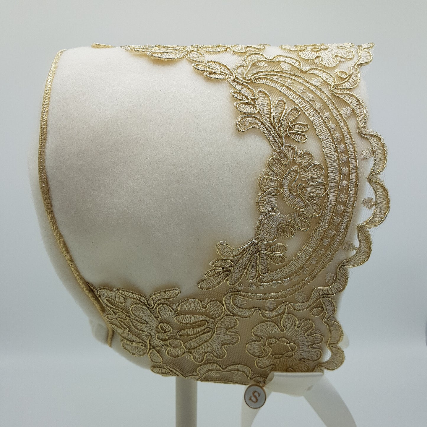 Exclusive Cream Wool Bonnet with Gold Lace Trim