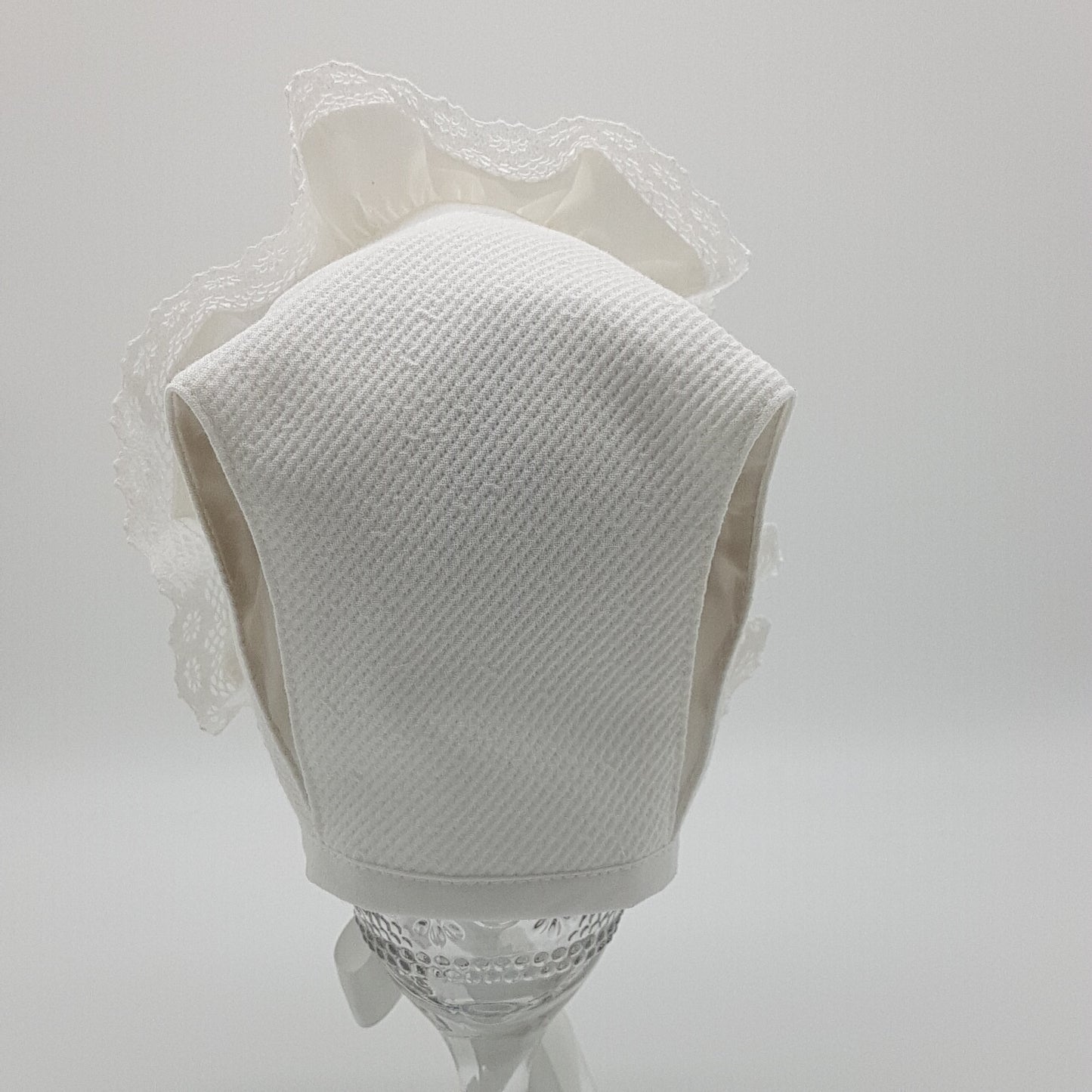 Exclusive Bonnet, White Jacquard T-Bar Style with frill & cluny lace