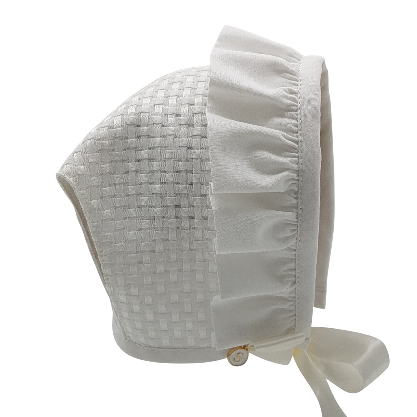 Exclusive Bonnet, Ivory Checkerboard T-Bar Style Bonnet with frill