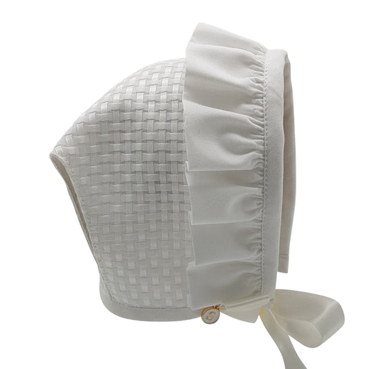 Exclusive Bonnet, Ivory Checkerboard T-Bar Style Bonnet with frill