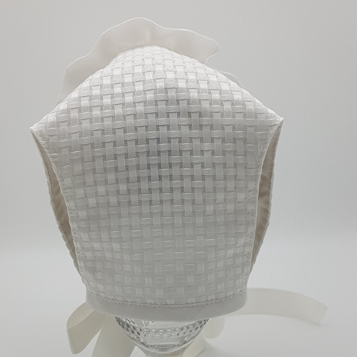 Exclusive Bonnet, Ivory Checkerboard T-Bar Style Bonnet with frill