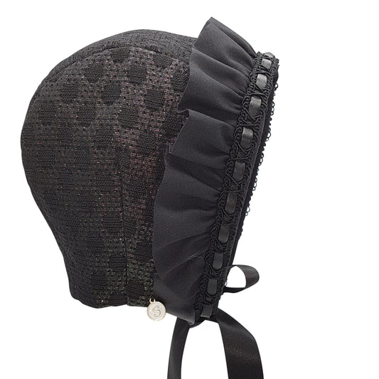 Exclusive Bonnet, Black Spot Brocade with frill & trim