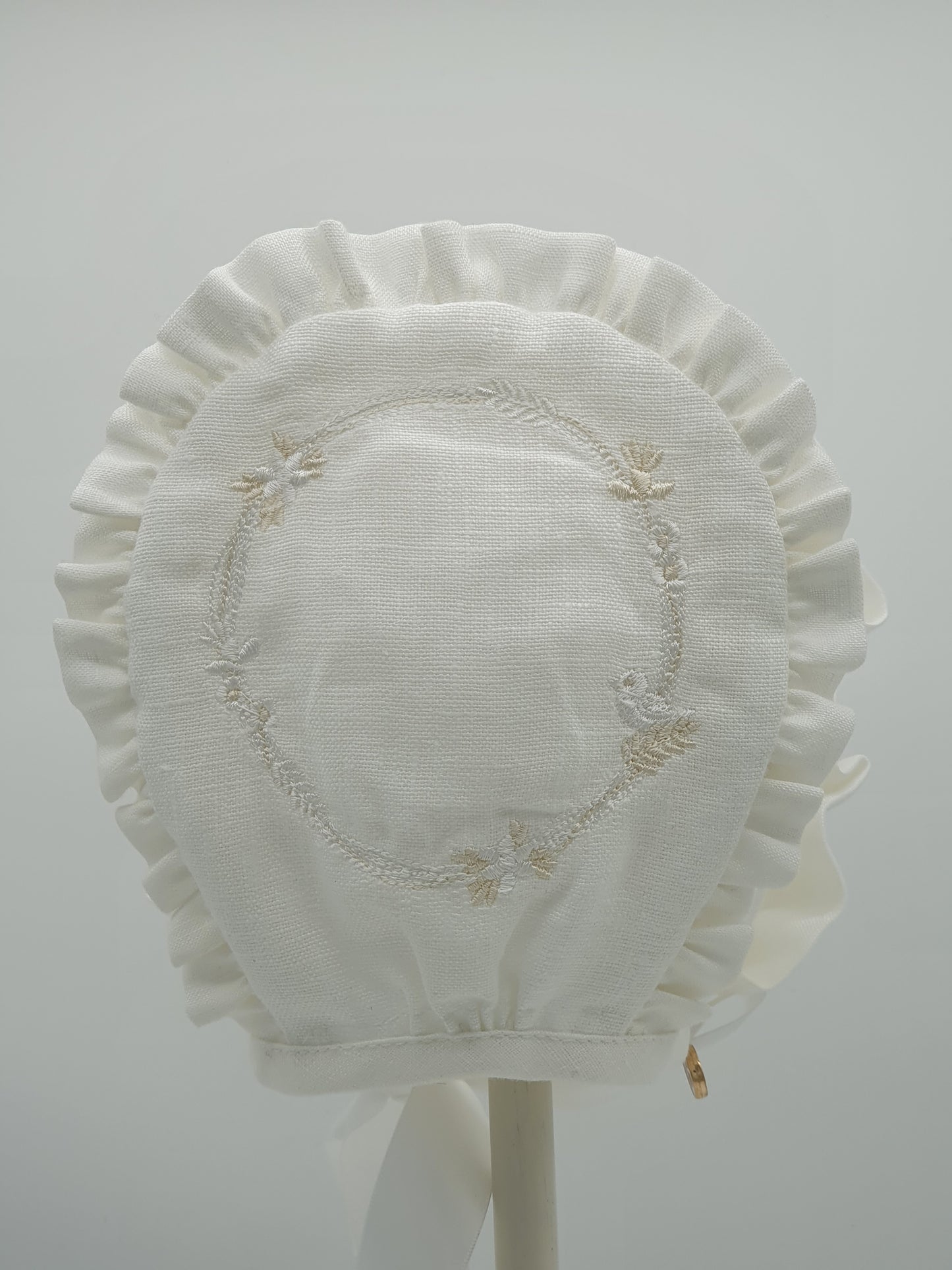Small Dreams Exclusive Bonnet, White Linen with embroidery