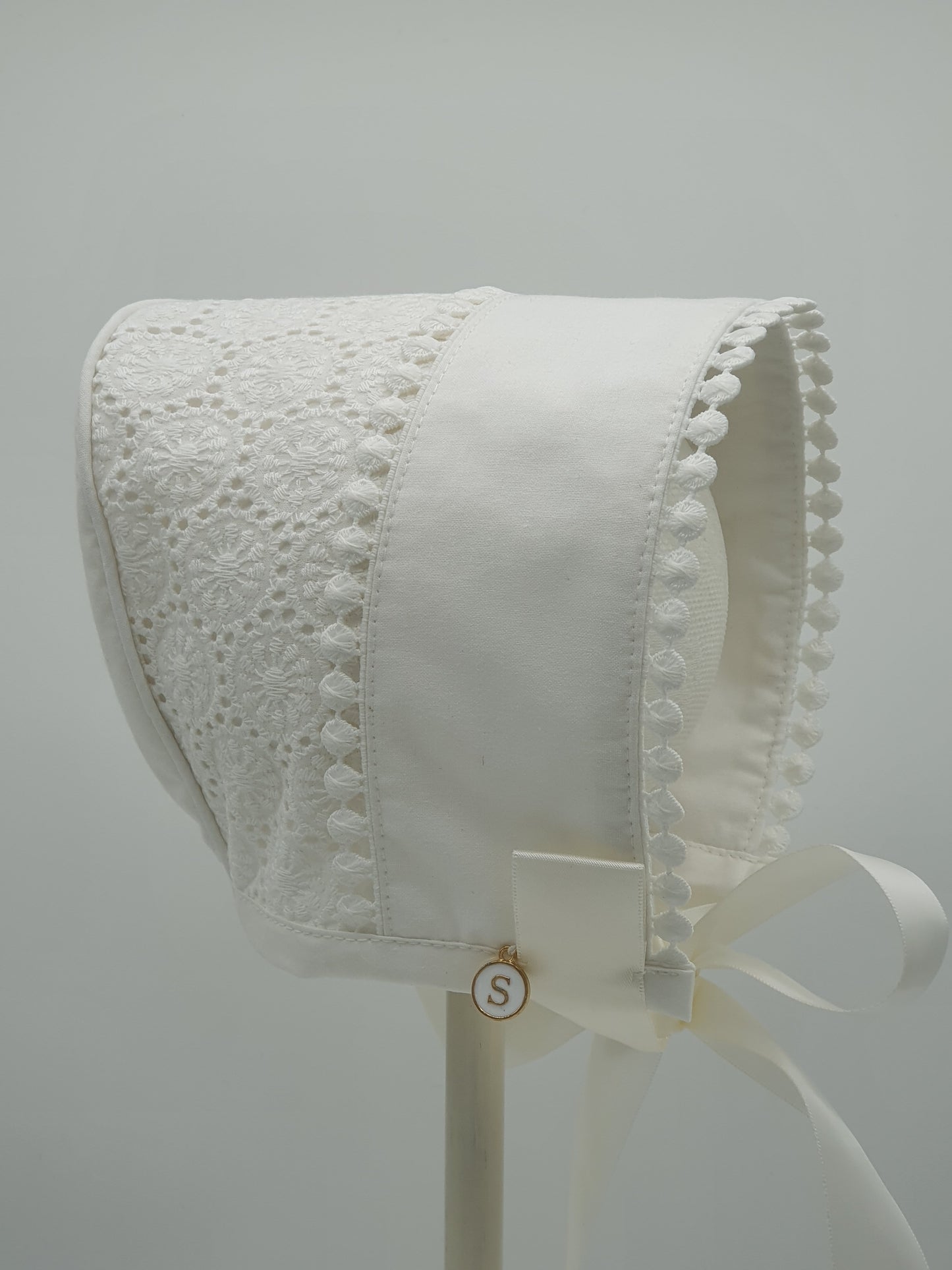 Exclusive Bonnet, Ivory Cotton Broderie with lace trim