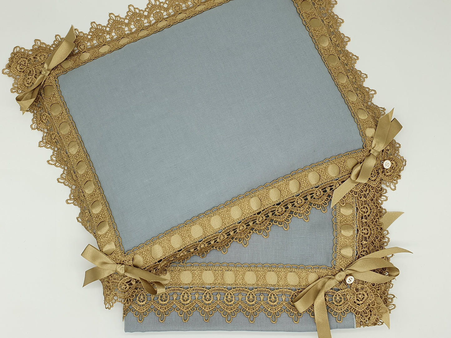 Limited Edition Linen Wrap & Pillowcase Set, Duck Egg Blue with Gold