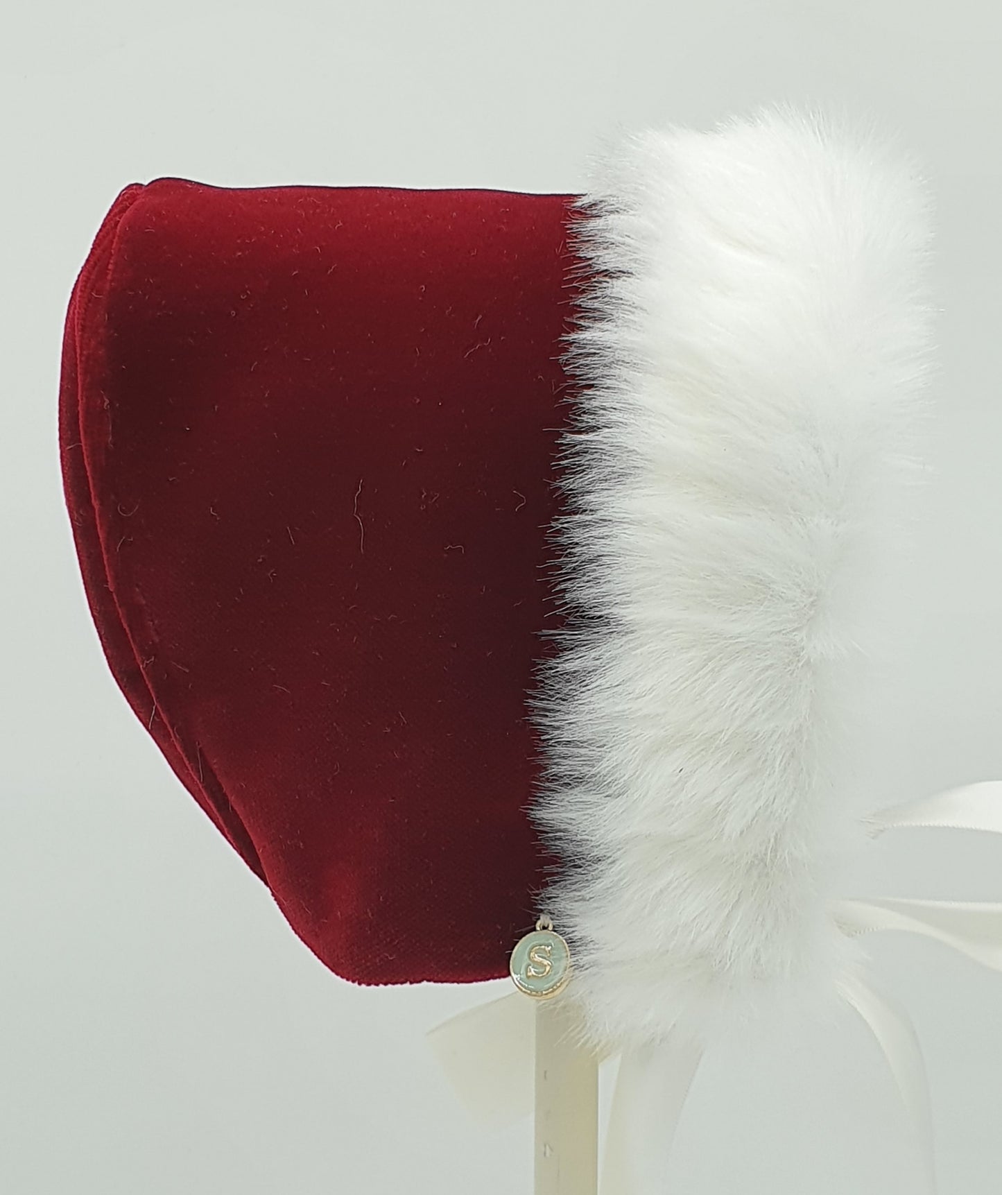 Exclusive Bonnet, Maroon Velvet with Ivory Fur brim