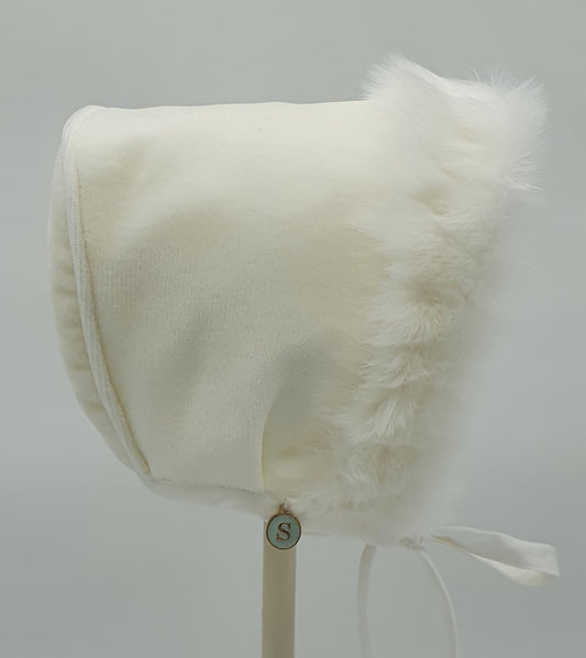 Exclusive Bonnet, Ivory Velvet with Ivory Fur Brim