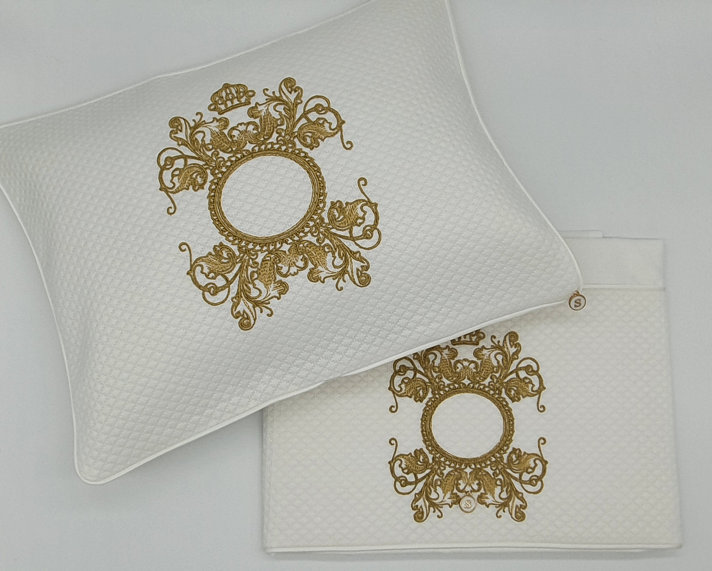 'The Crown is Hers' 2pc Bassinet Sheet Set, Gold Embroidery on White Jacquard