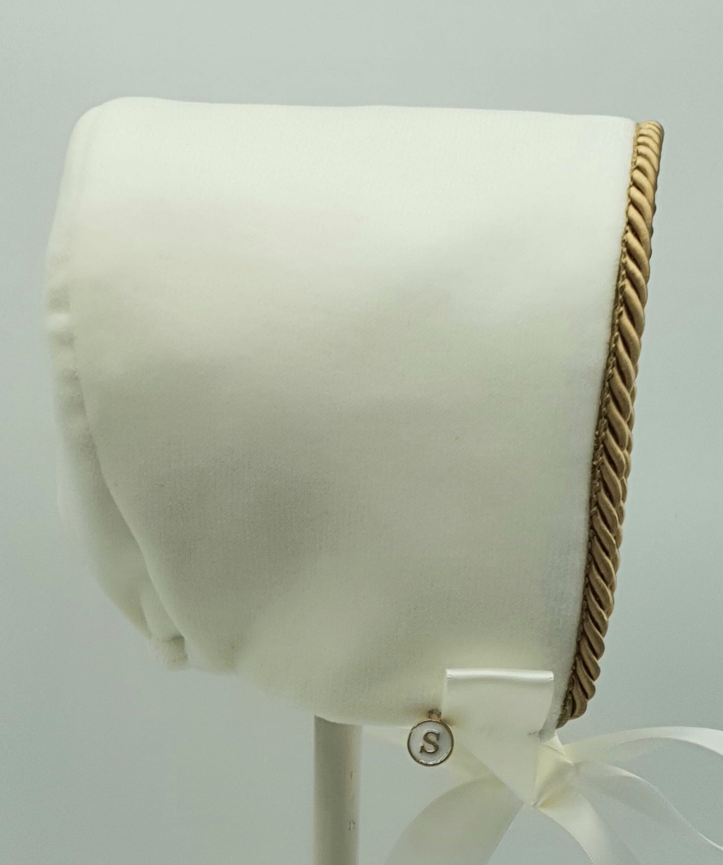 Exclusive Bonnet, Cream Velvet with Gold Embroidery & Trim