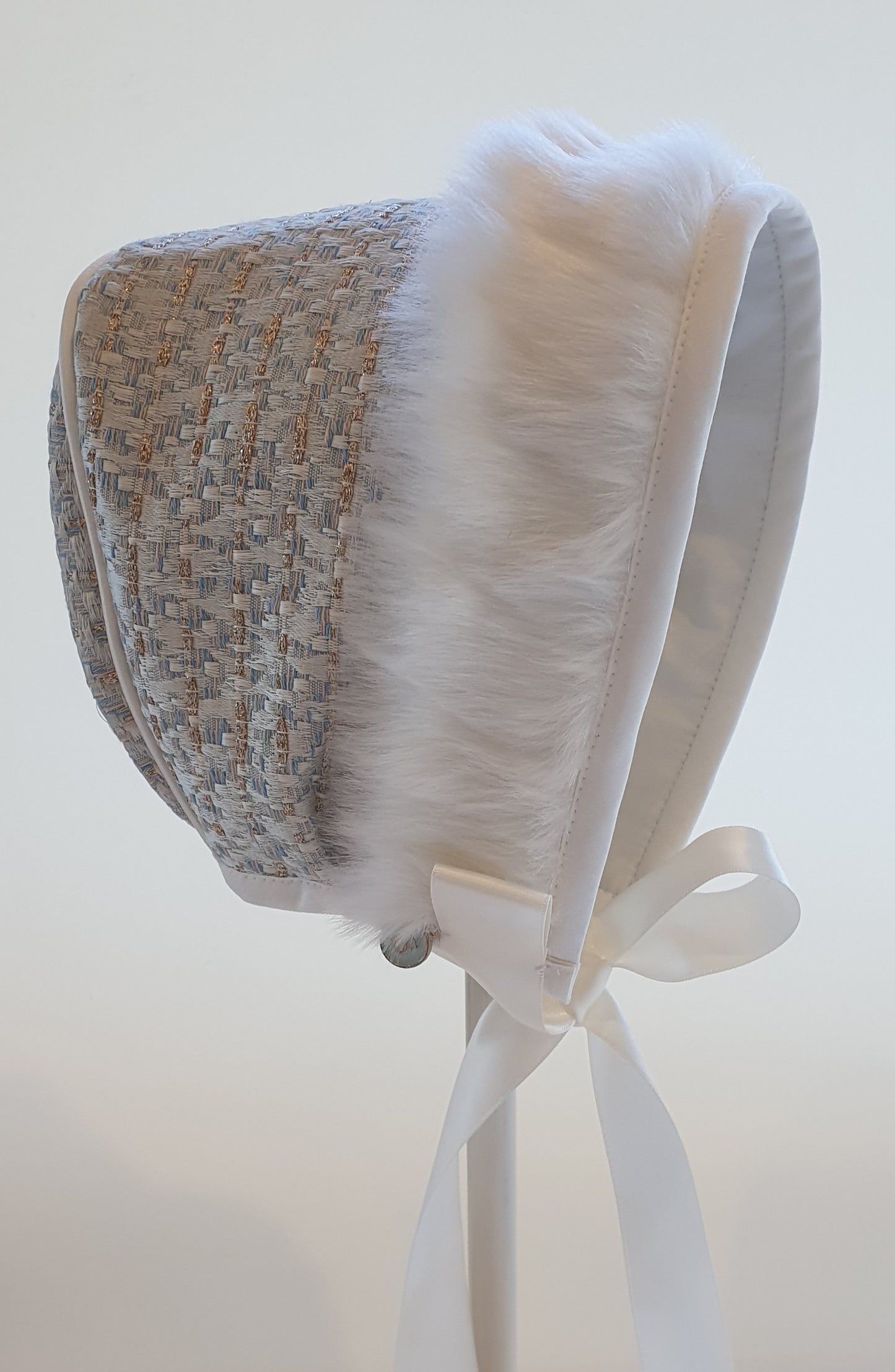 Exclusive Blue Brocade Bonnet, Ivory Fur Brim