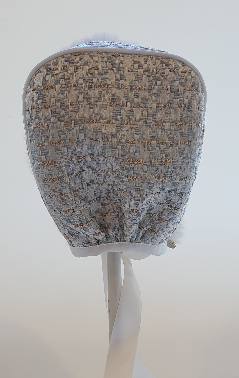 Exclusive Blue Brocade Bonnet, Ivory Fur Brim