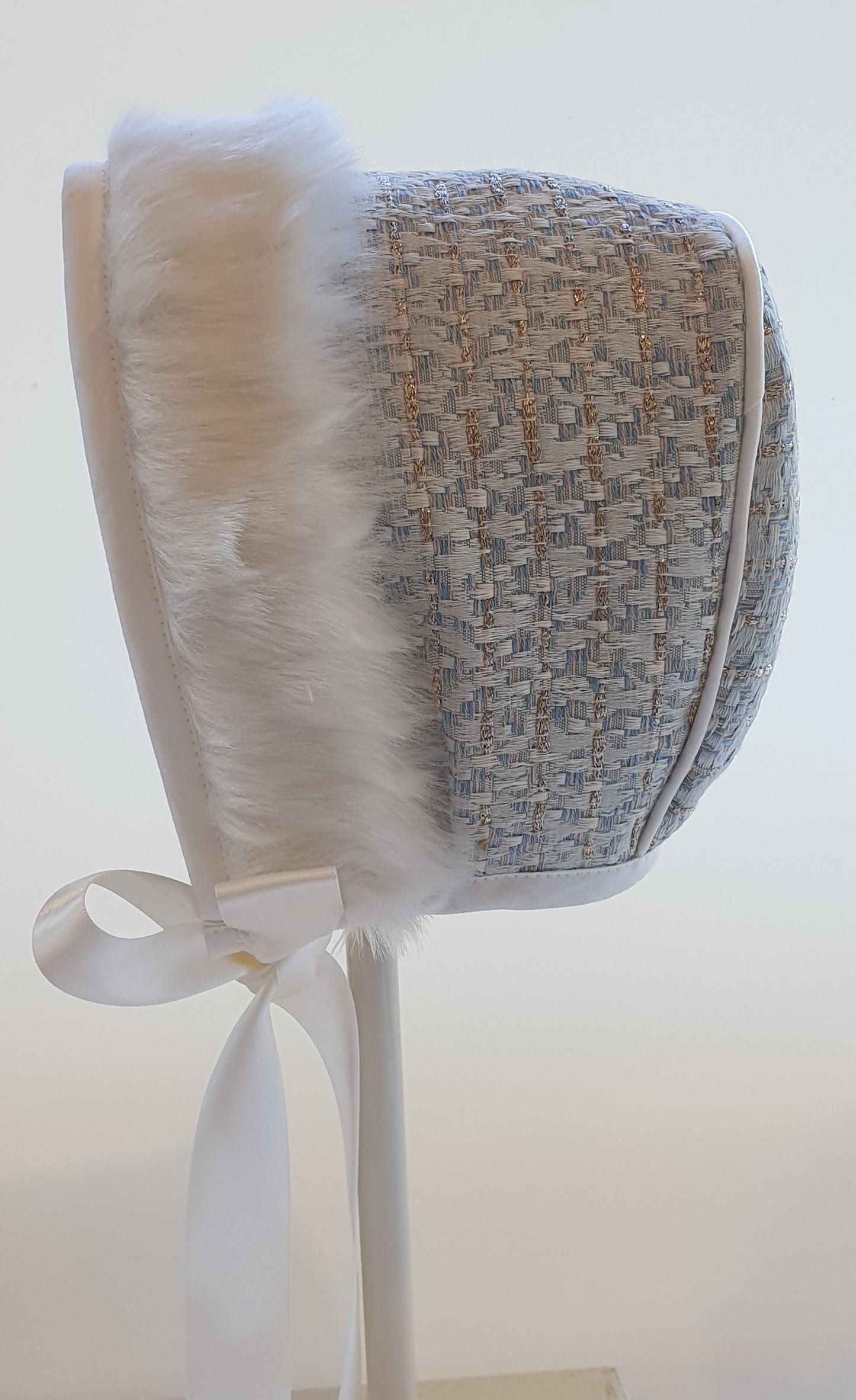 Exclusive Blue Brocade Bonnet, Ivory Fur Brim