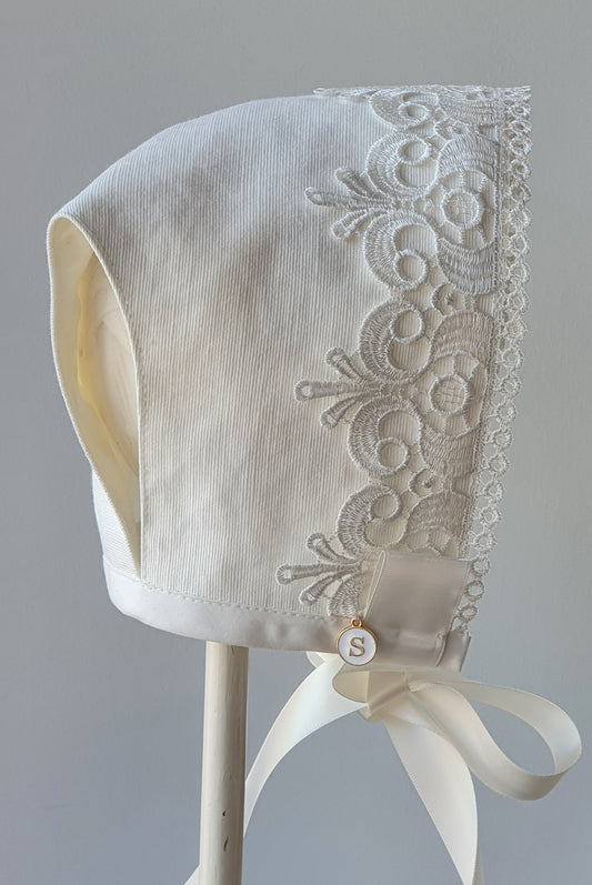 Exclusive Ivory T-Bar Bonnet with lace trim