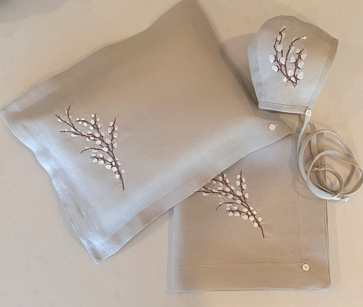 Exclusive Linen Wrap & Pillowcase Set, Natural Linen with Ivory embroidered Pussy Willow Branch