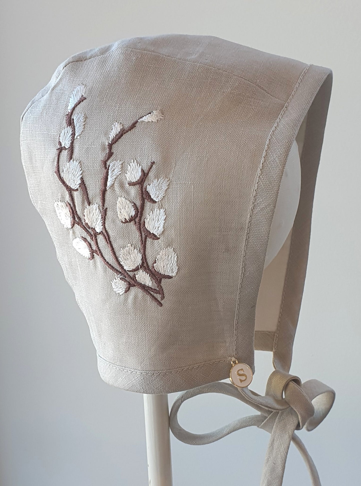 Exclusive Linen Wrap & Pillowcase Set, Natural Linen with Ivory embroidered Pussy Willow Branch