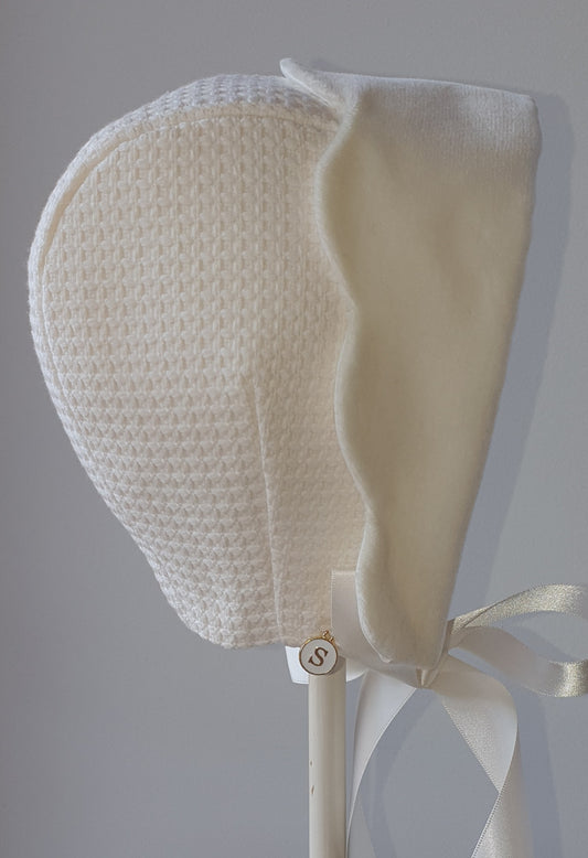 Exclusive Cream Bonnet, Cream Waffle Cap Style Bonnet with Velvet scalloped brim