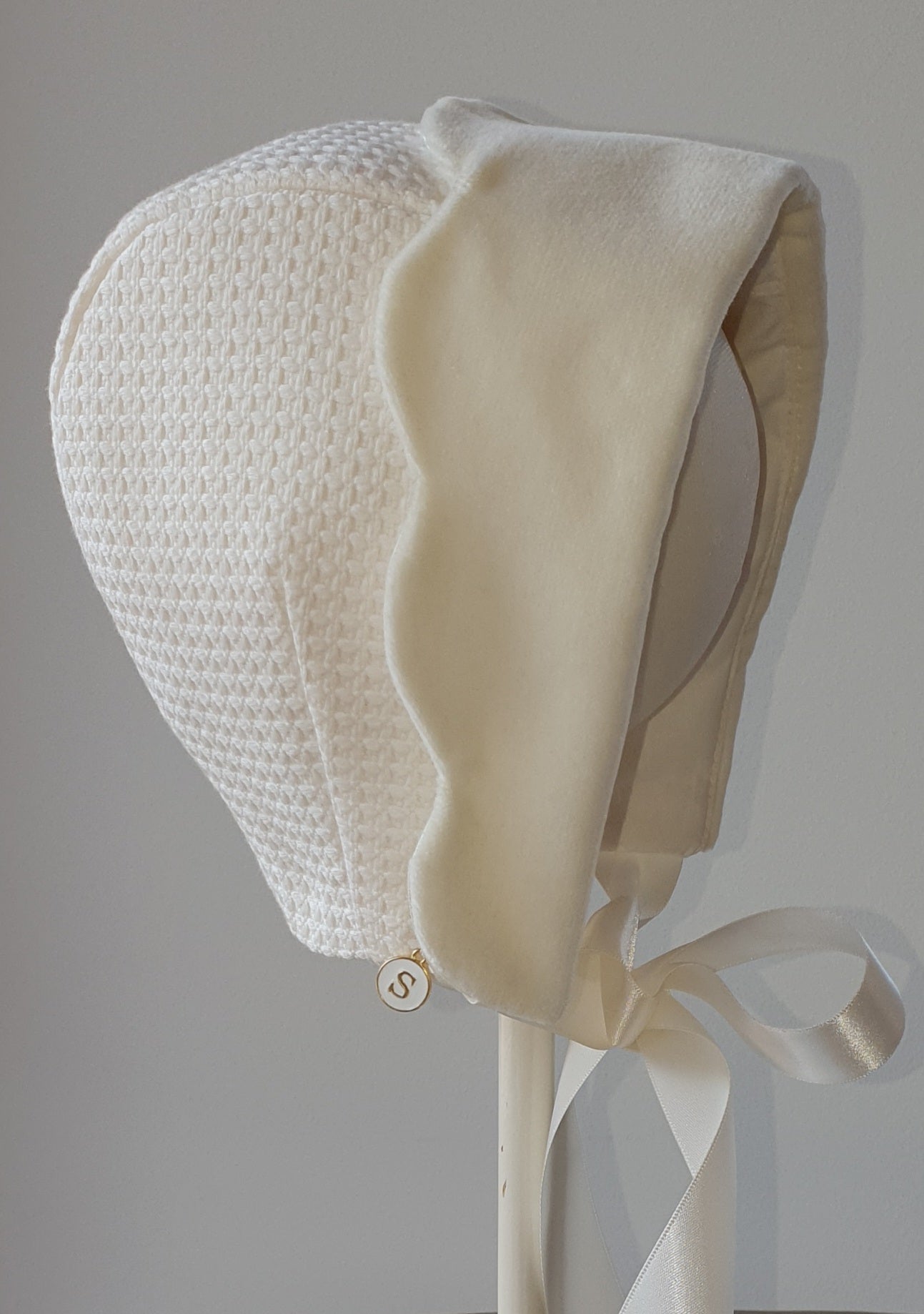 Exclusive Cream Bonnet, Cream Waffle Cap Style Bonnet with Velvet scalloped brim