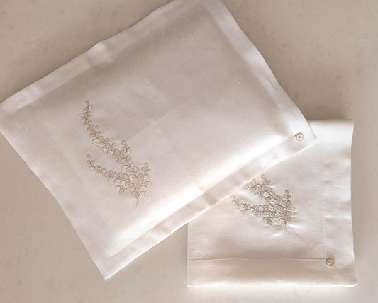 Exclusive Baby Wrap & Pillowcase Set,  Ivory Linen with Ivory/Natural embroidered vine