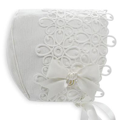 Exclusive Bonnet, Ivory/Black Ottoman with lace trim