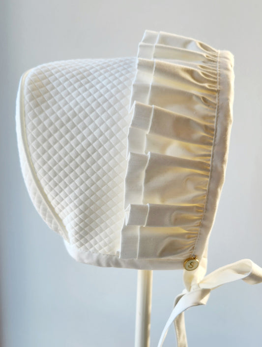 Exclusive Ivory Bonnet,  Ivory Jacquard, Double Frill