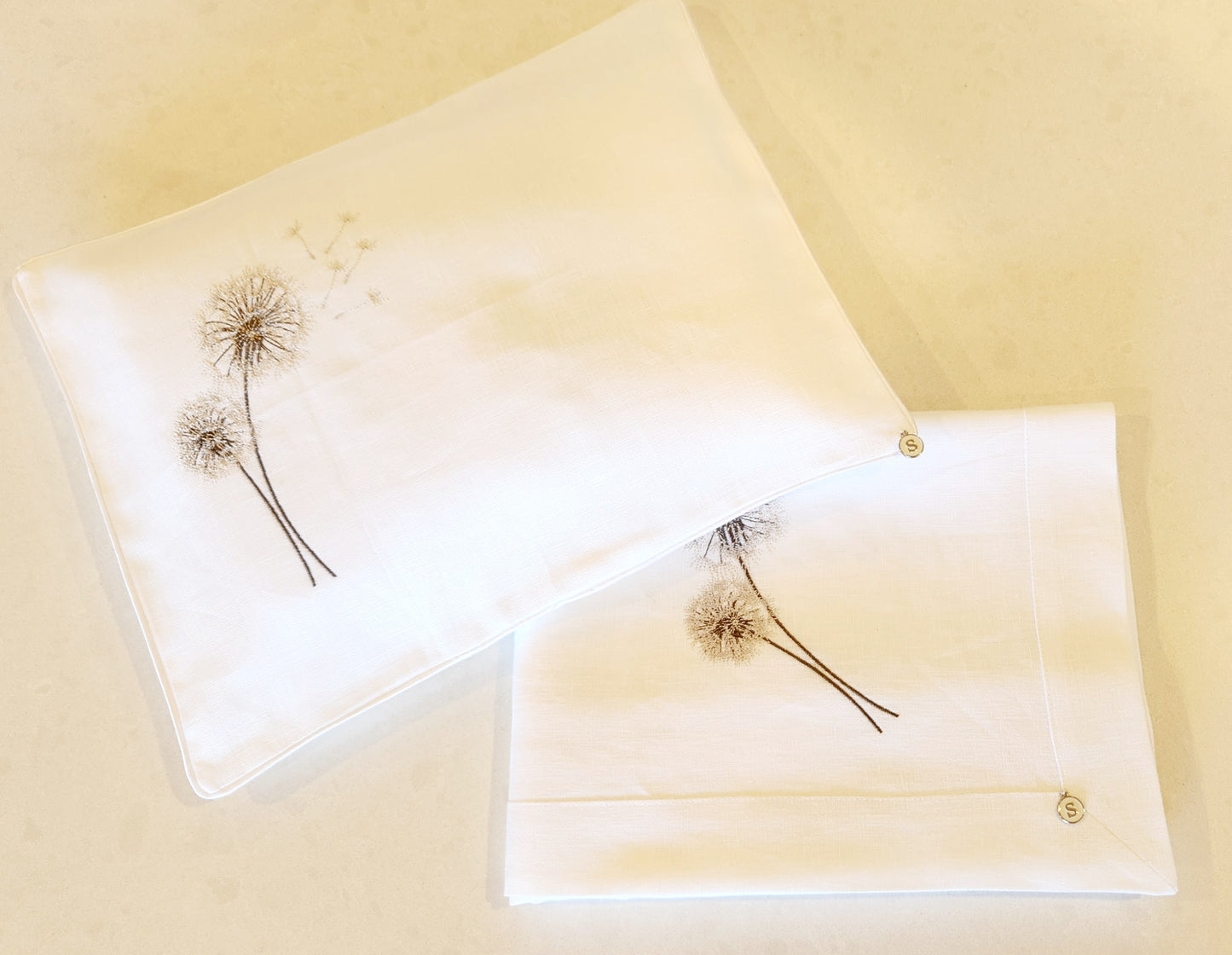 Exclusive Baby Wrap & Pillowcase Set, White Linen with embroidered dandelions