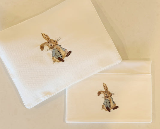 'Solemn Peter' 2pc Bassinet Sheet Set, embroidered Peter Rabbit on Ivory Sheets